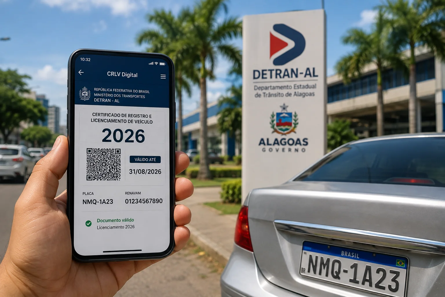 Celular exibindo CRLV Digital 2026 diante de um carro e de uma placa do Detran-AL