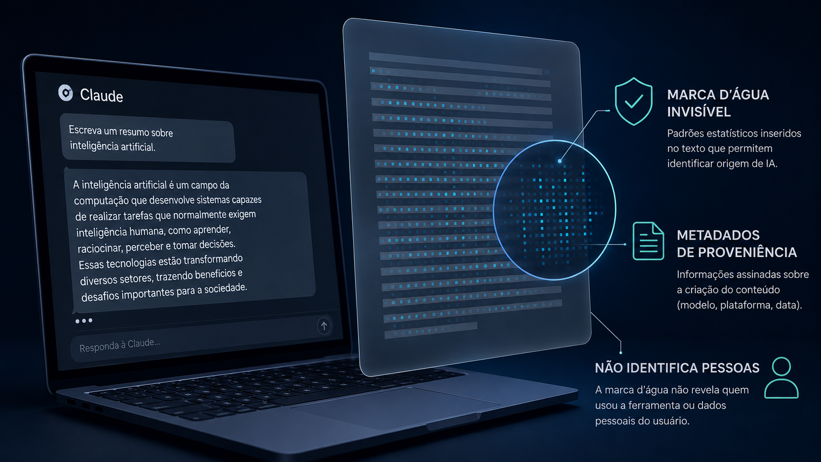 Notebook com interface do Claude ao lado de documento digital com indicações de marca d’água e metadados de proveniência
