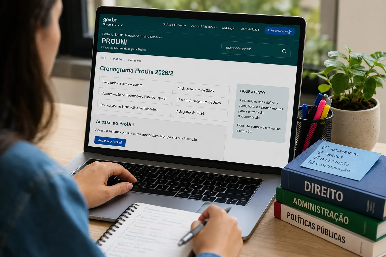 Pessoa em mesa de estudos consulta no notebook o cronograma do ProUni 2026/2 enquanto faz anotações
