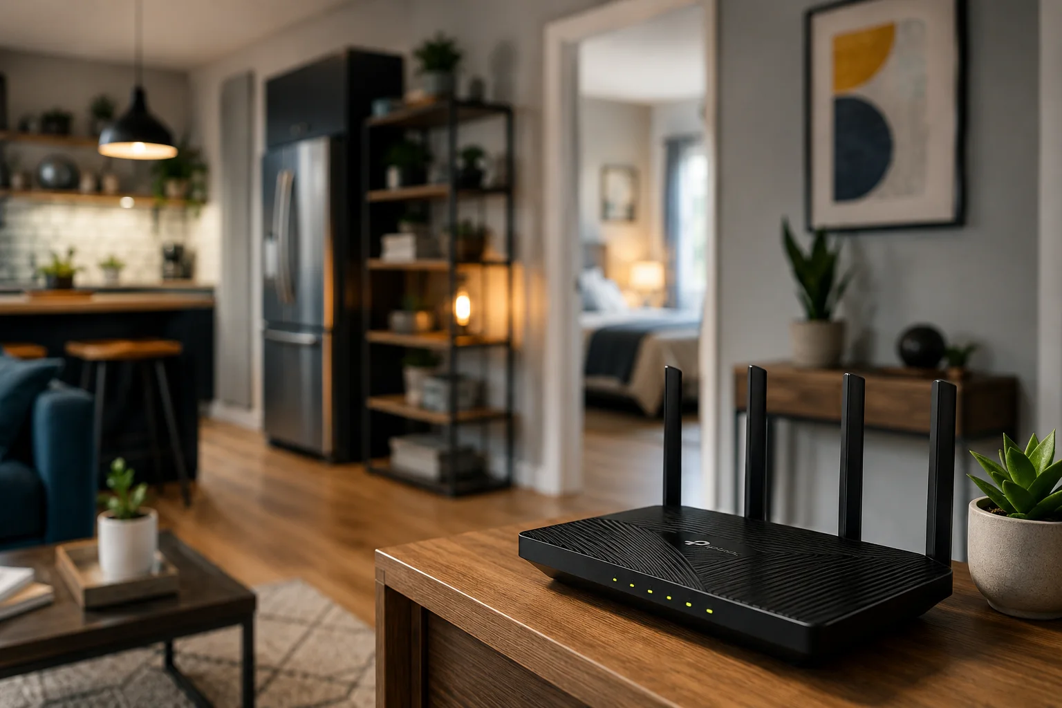 Roteador Wi-Fi com quatro antenas sobre um móvel, com vários cômodos da casa ao fundo