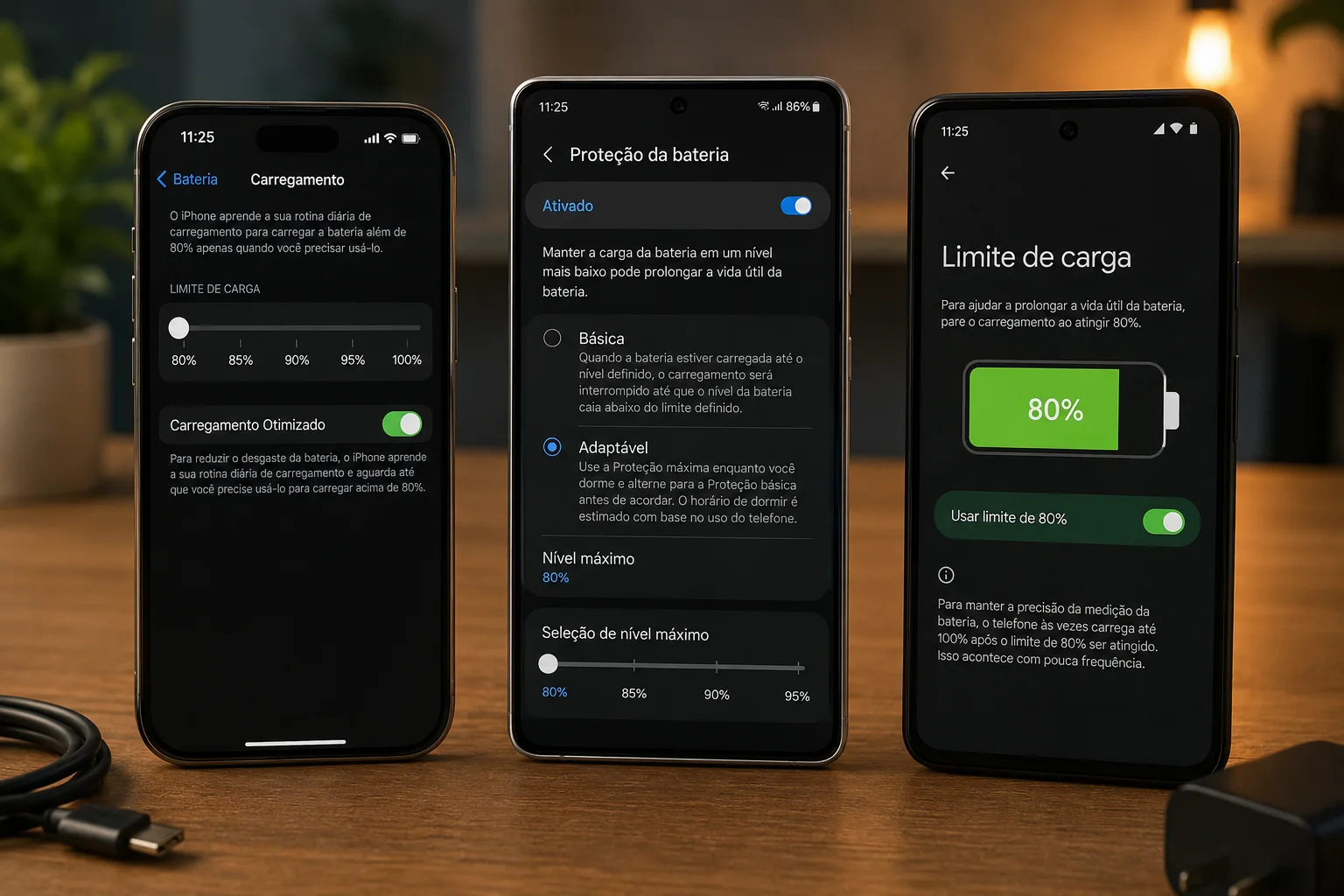 Três smartphones sobre uma mesa exibindo telas de proteção da bateria e limites de carregamento