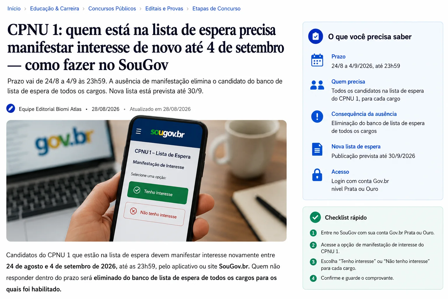Mão segurando celular com tela do SouGov para manifestação de interesse do CPNU 1, diante de notebook