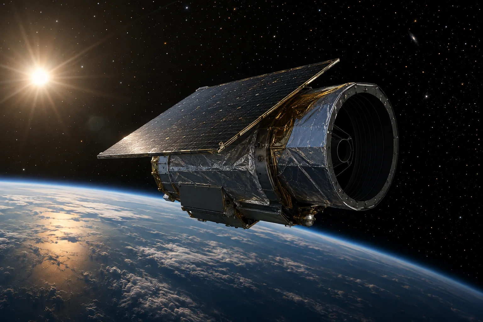 Telescópio espacial com painel solar em órbita acima da Terra, iluminado pelo Sol contra um campo de estrelas