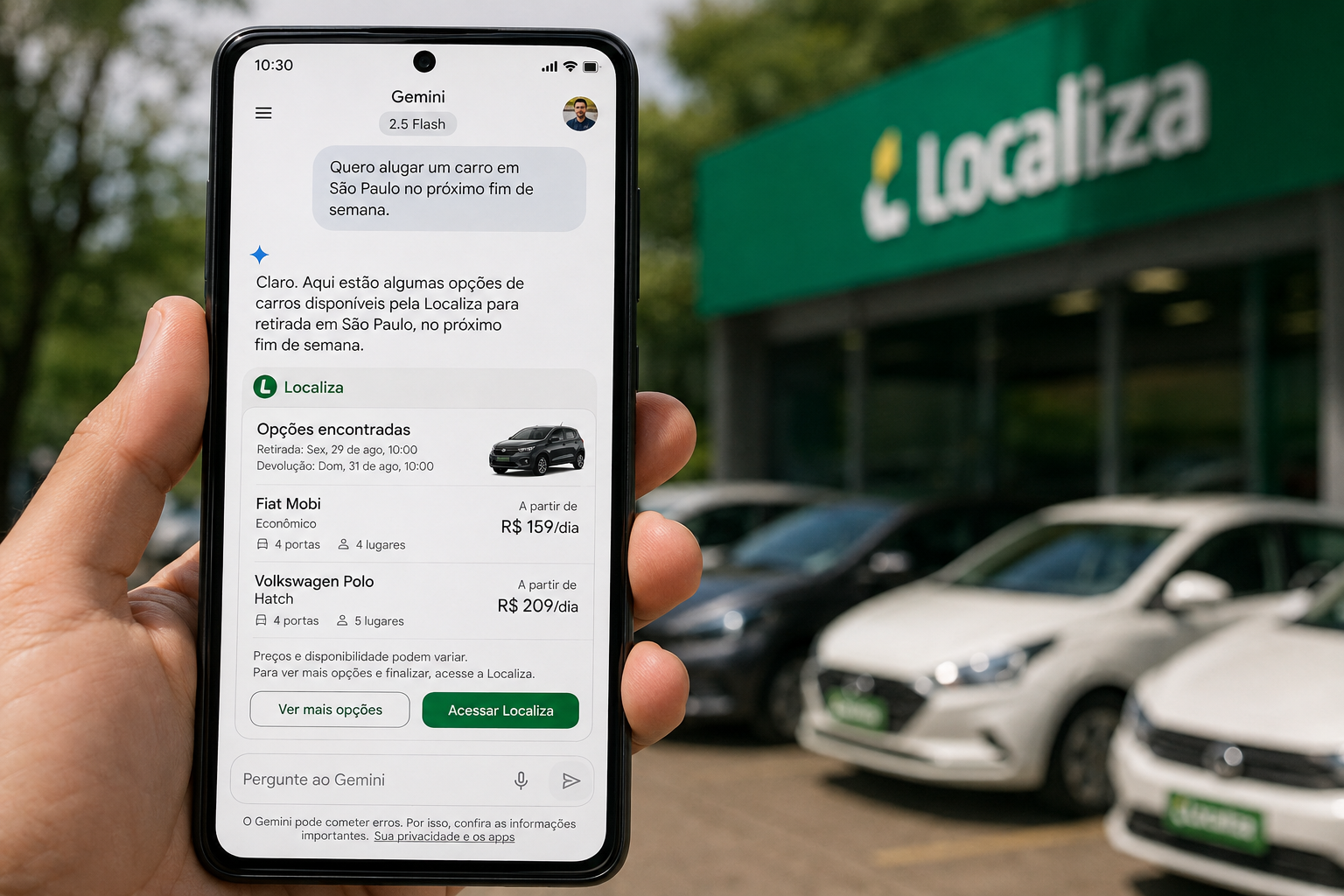 Mão segurando celular com Gemini exibindo opções de aluguel da Localiza diante de uma agência
