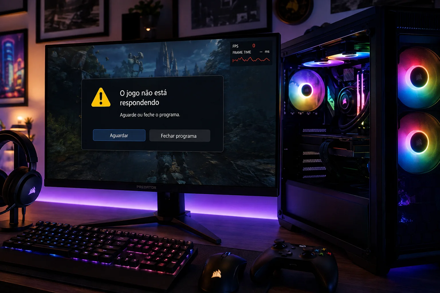 PC gamer com iluminação RGB ao lado de monitor com cena abstrata de jogo e efeito visual de travamento