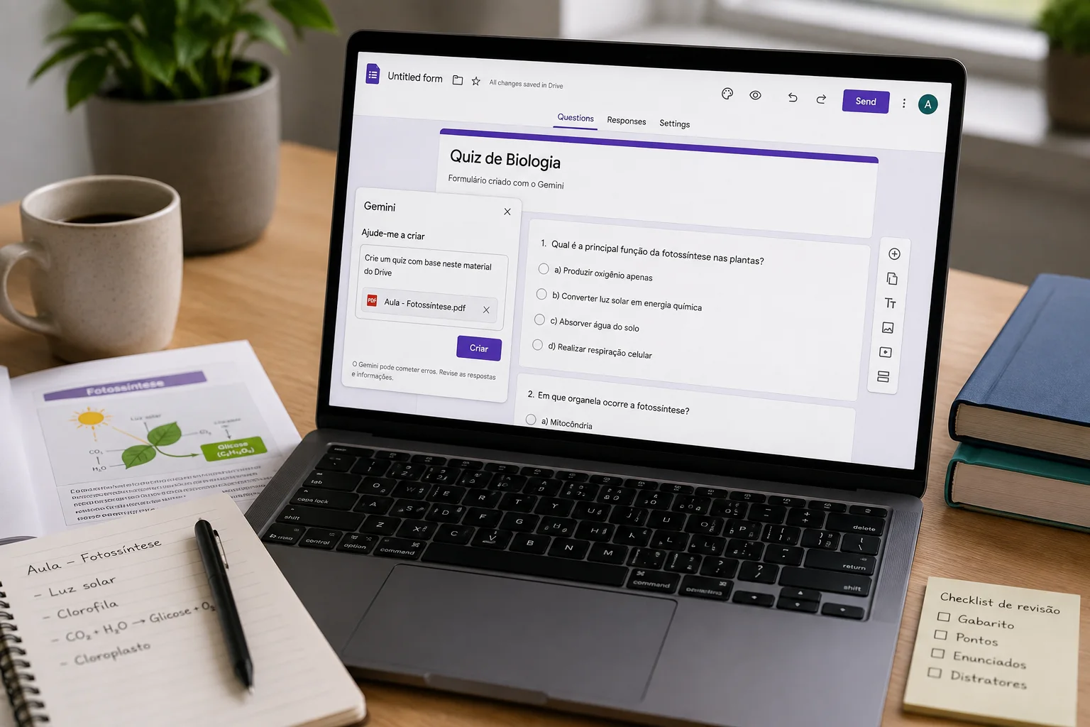Notebook em mesa de estudos exibindo um quiz de biologia no Google Forms, com apostila, caderno, livros e checklist de revisão ao redor