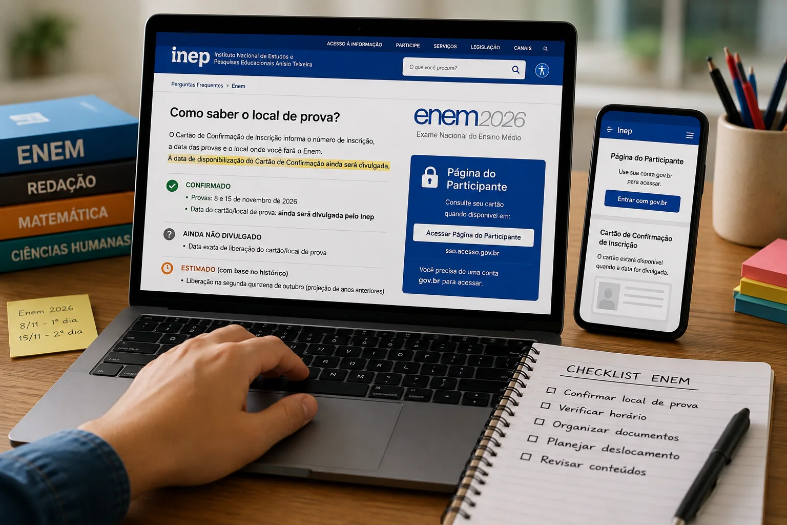 Estudante consulta informações do Enem 2026 no site do Inep em notebook, com celular e materiais de estudo sobre a mesa