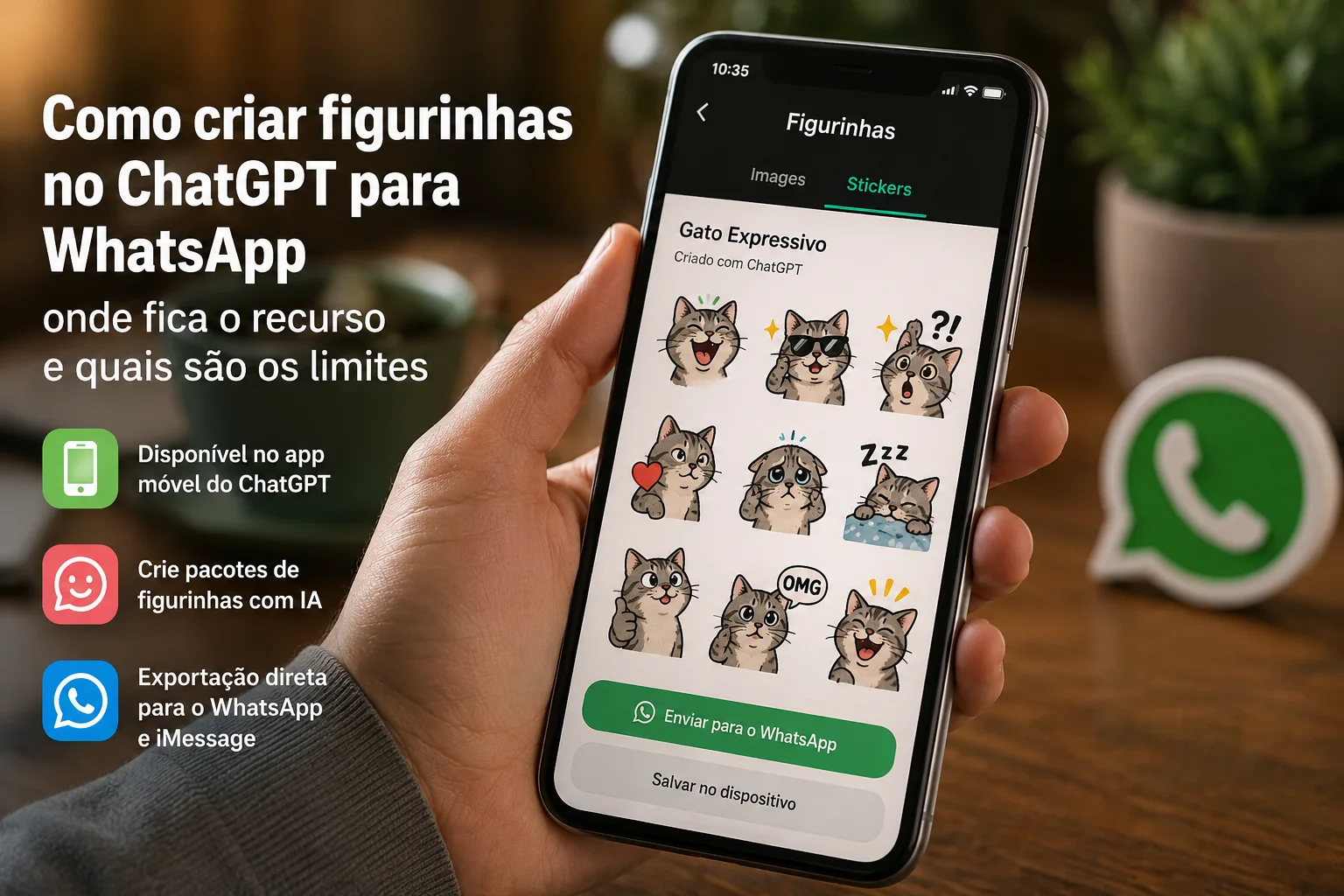 Mão segura smartphone com tela de figurinhas de gatos e botão para enviar ao WhatsApp, ao lado de texto explicativo sobre o recurso.