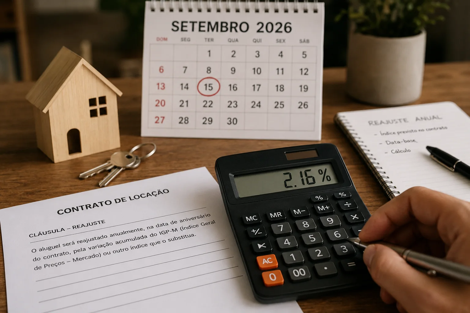 Contrato de locação, calculadora com 2,16%, calendário de setembro de 2026, chaves e miniatura de casa sobre uma mesa