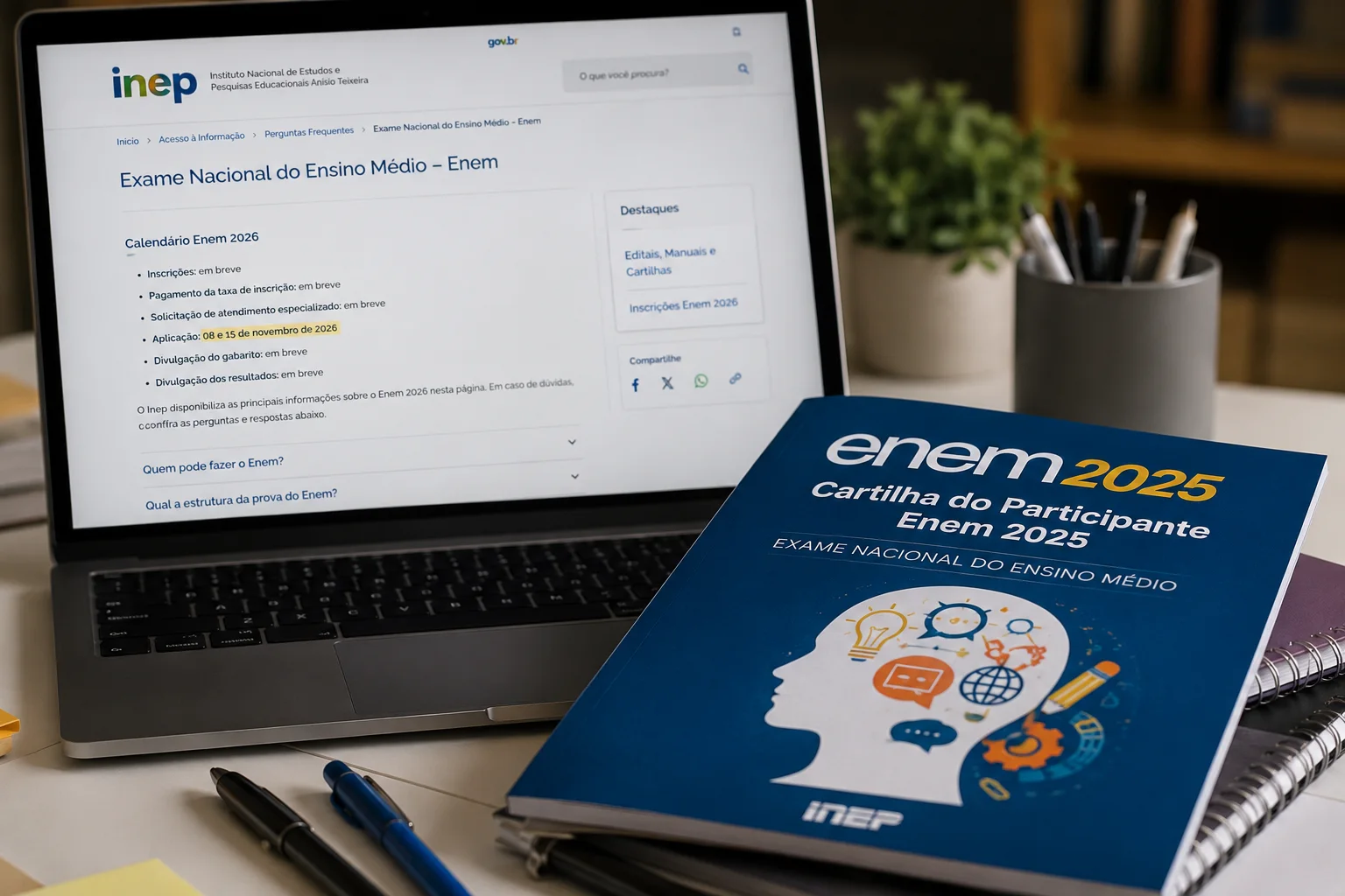 Notebook aberto em página do Inep sobre o Enem ao lado de uma cartilha da redação Enem 2025 sobre cadernos