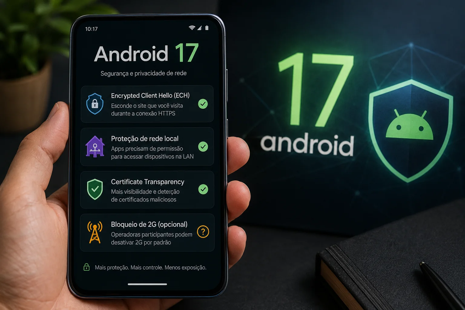 Celular com Android 17 destacando ECH, proteção de rede local, transparência de certificados e proteção 2G