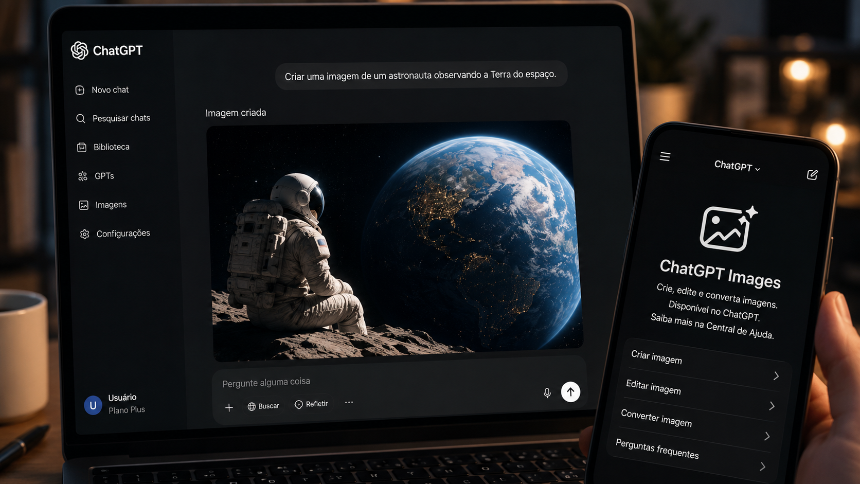 Composição com tela do ChatGPT gerando um astronauta e celular exibindo o ChatGPT Images