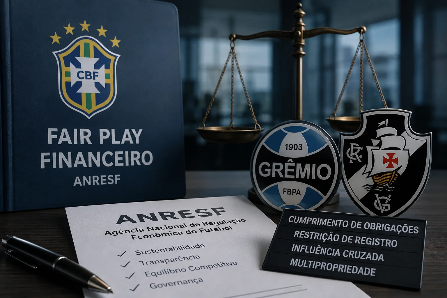 Mesa com documento da ANRESF, balança da Justiça e símbolos de Grêmio e Vasco em referência ao fair play financeiro da CBF