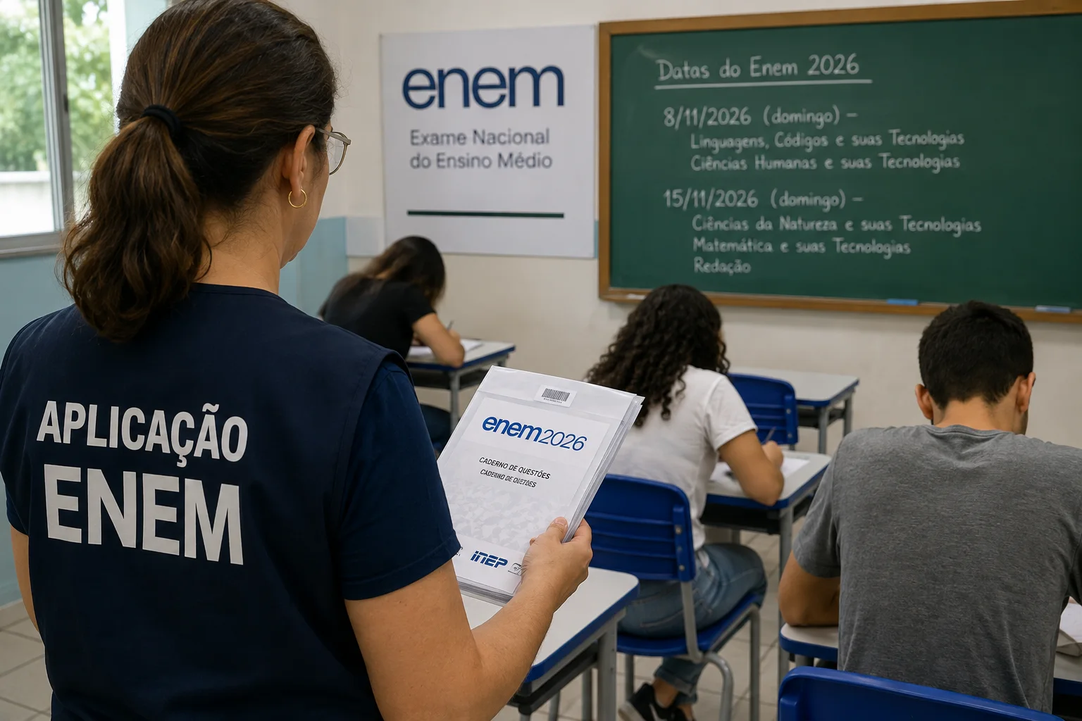 Profissional de aplicação do Enem em sala de prova segura caderno enquanto estudantes respondem ao exame.