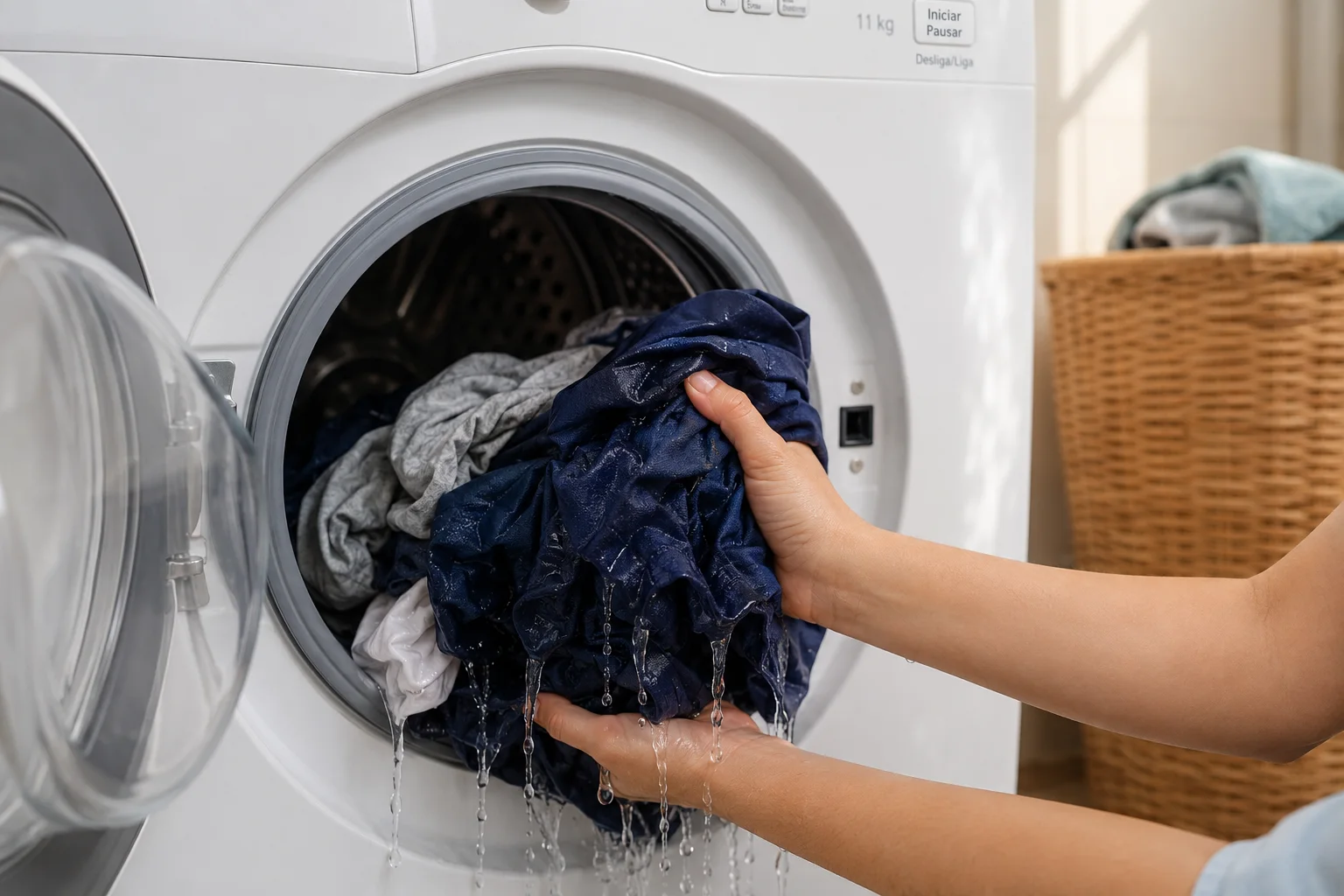 Mãos retirando roupas encharcadas de uma lavadora frontal, com água escorrendo dos tecidos.