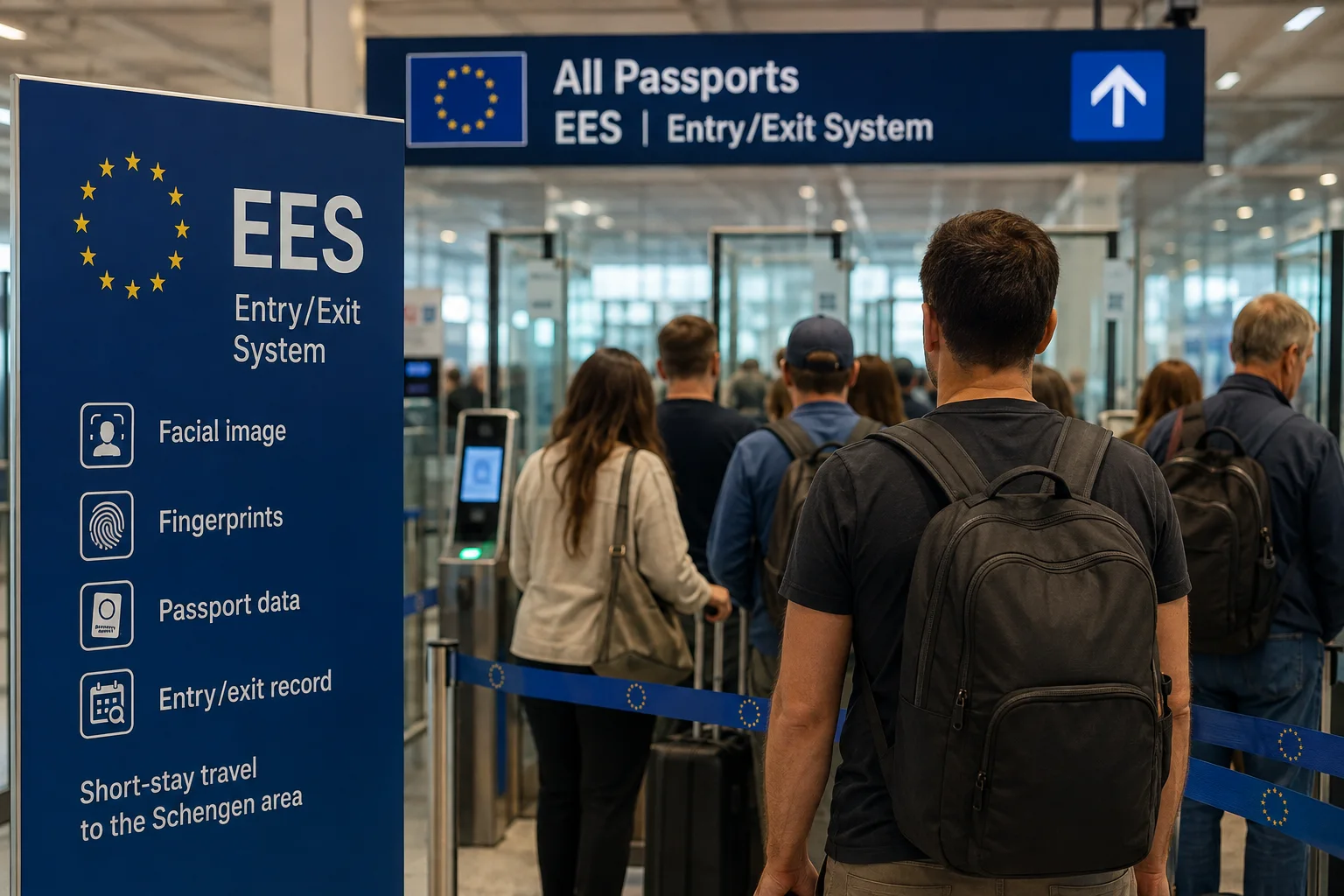 Viajantes em fila para controle de passaportes e registro biométrico do EES em um aeroporto europeu