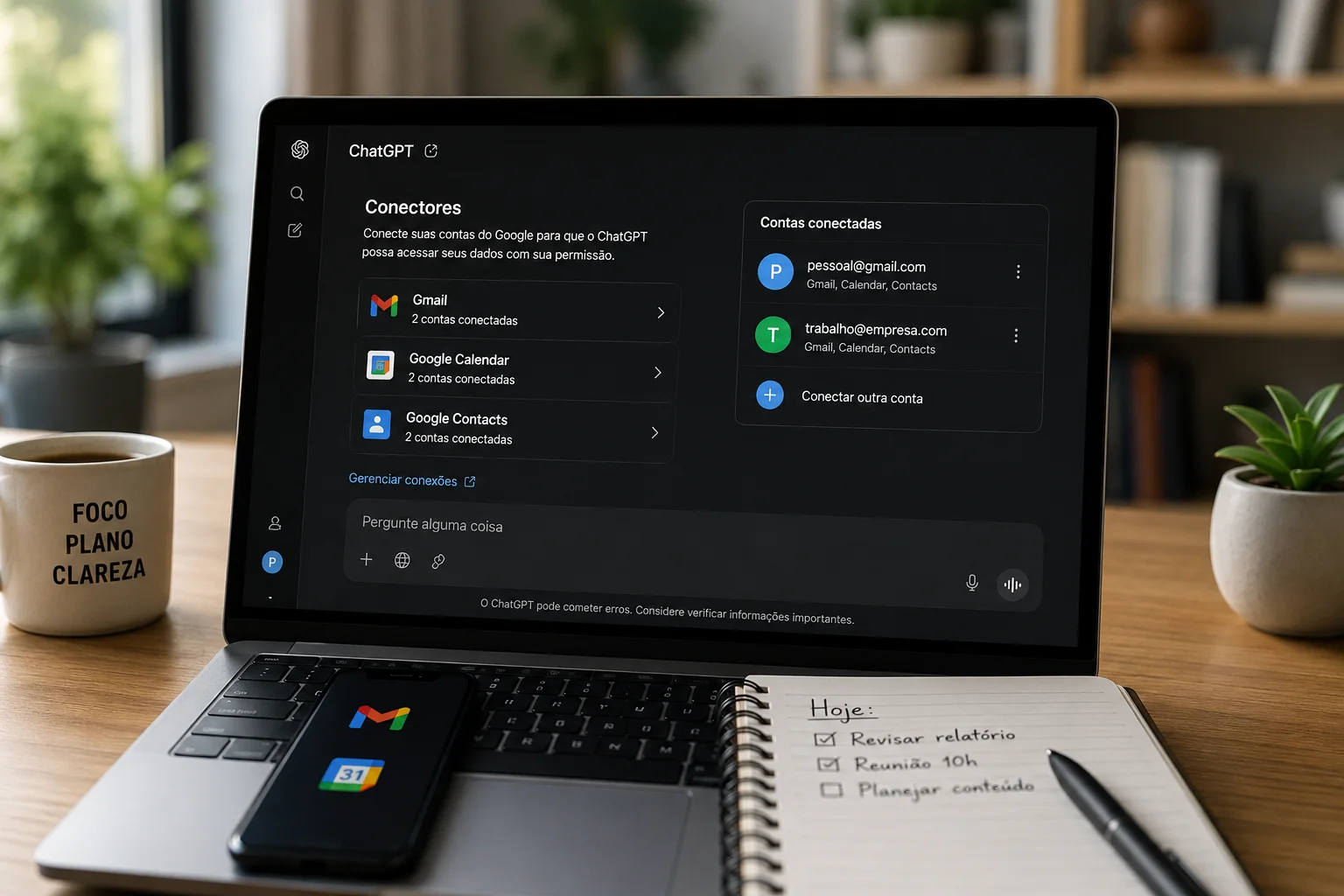 Notebook em home office exibindo ChatGPT com Gmail, Google Calendar e Google Contacts e duas contas conectadas.