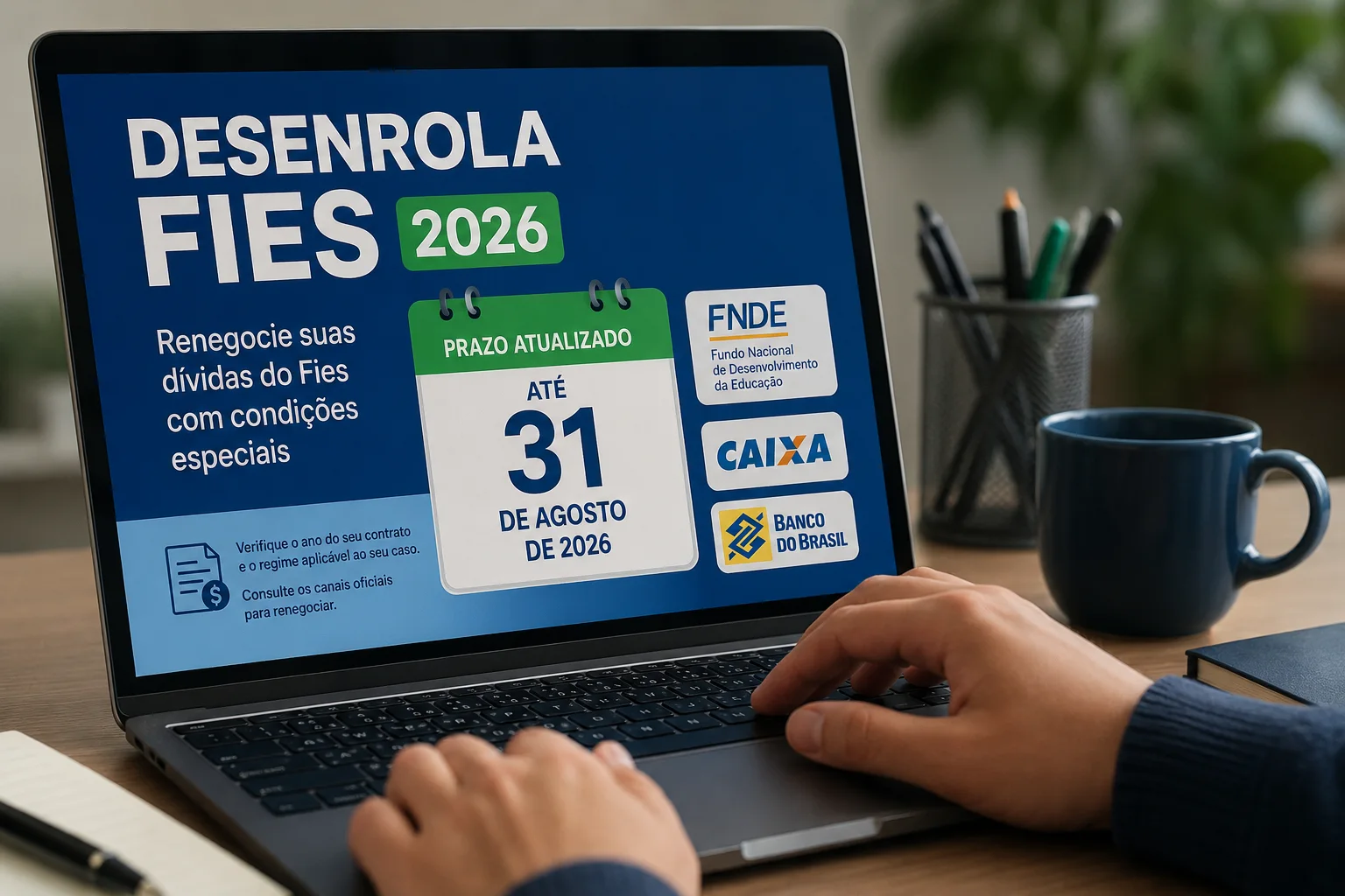 Pessoa consulta no notebook uma tela sobre o Desenrola Fies 2026 com prazo de 31 de agosto e referências a FNDE, Caixa e Banco do Brasil