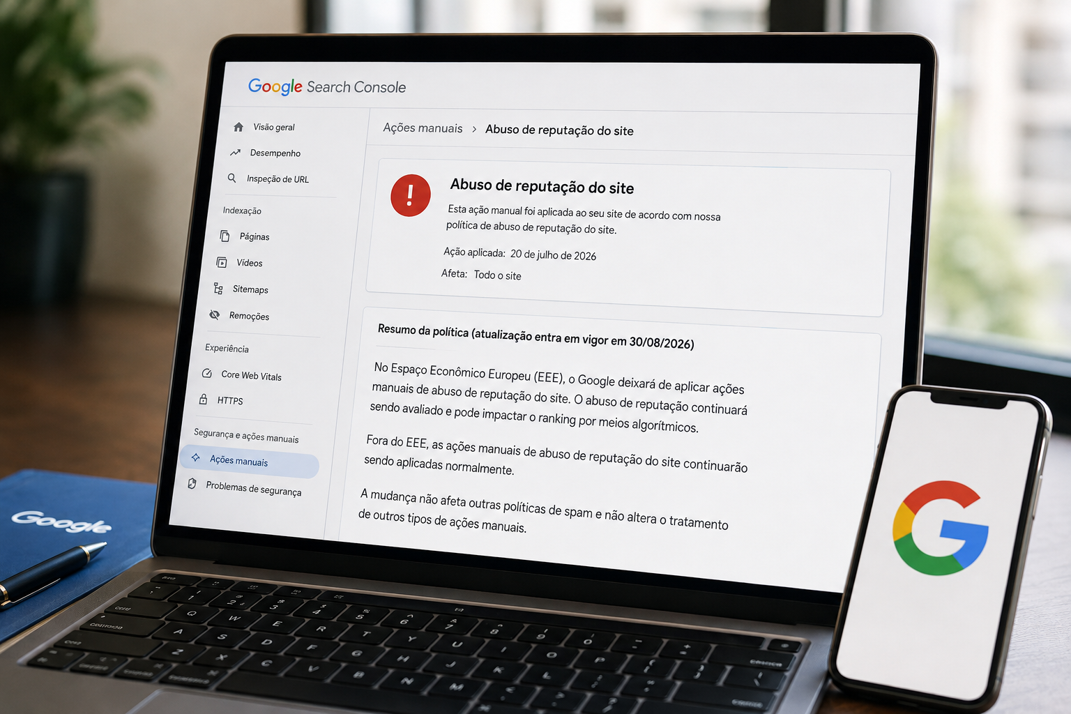Notebook exibindo o Google Search Console em uma tela sobre ação manual por abuso de reputação do site, ao lado de celular com o logotipo do Google