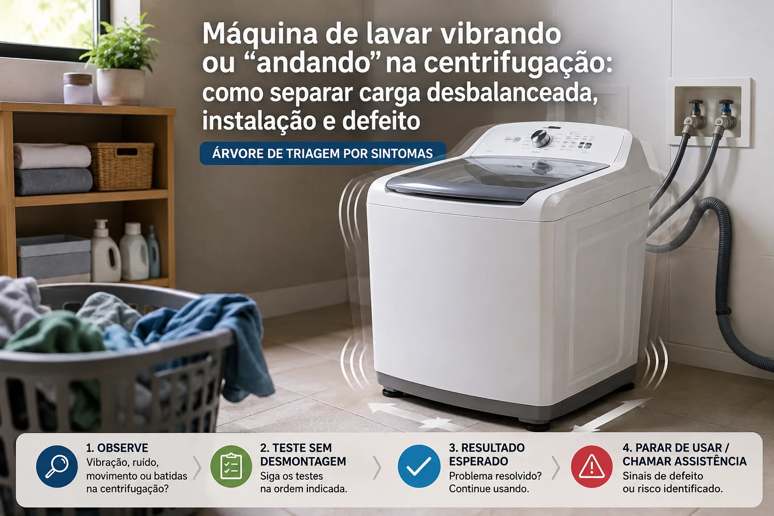 Máquina de lavar branca vibrando em lavanderia, com cesto de roupas e elementos gráficos de triagem
