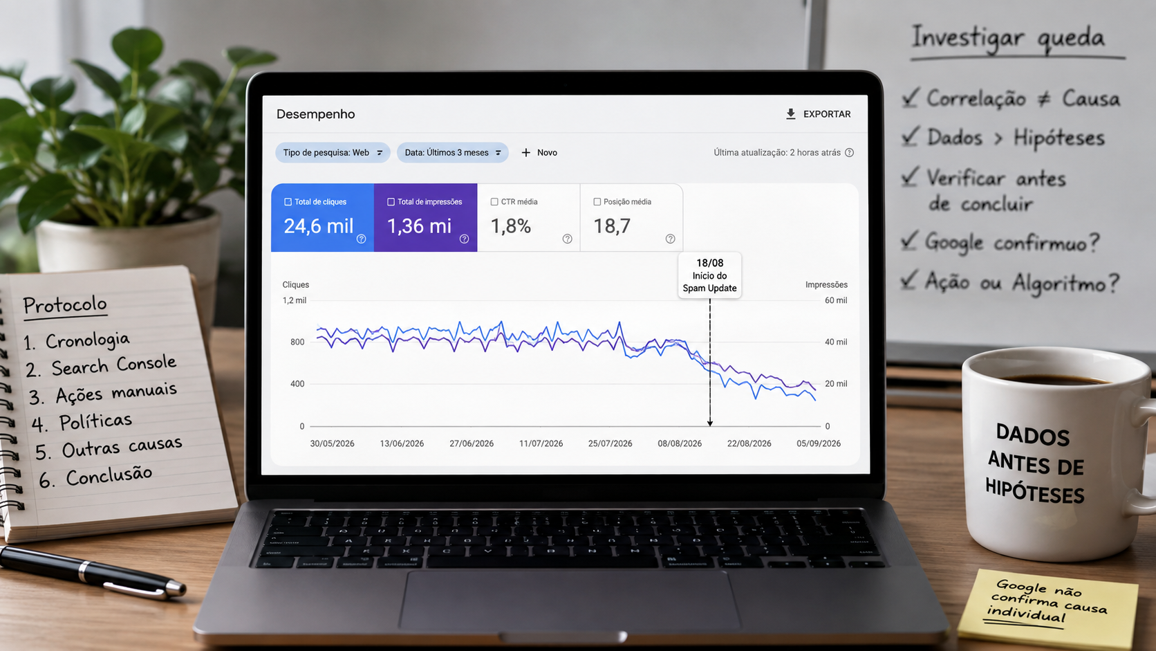 Laptop com gráfico de queda no Search Console e anotações de protocolo para investigar o spam update do Google