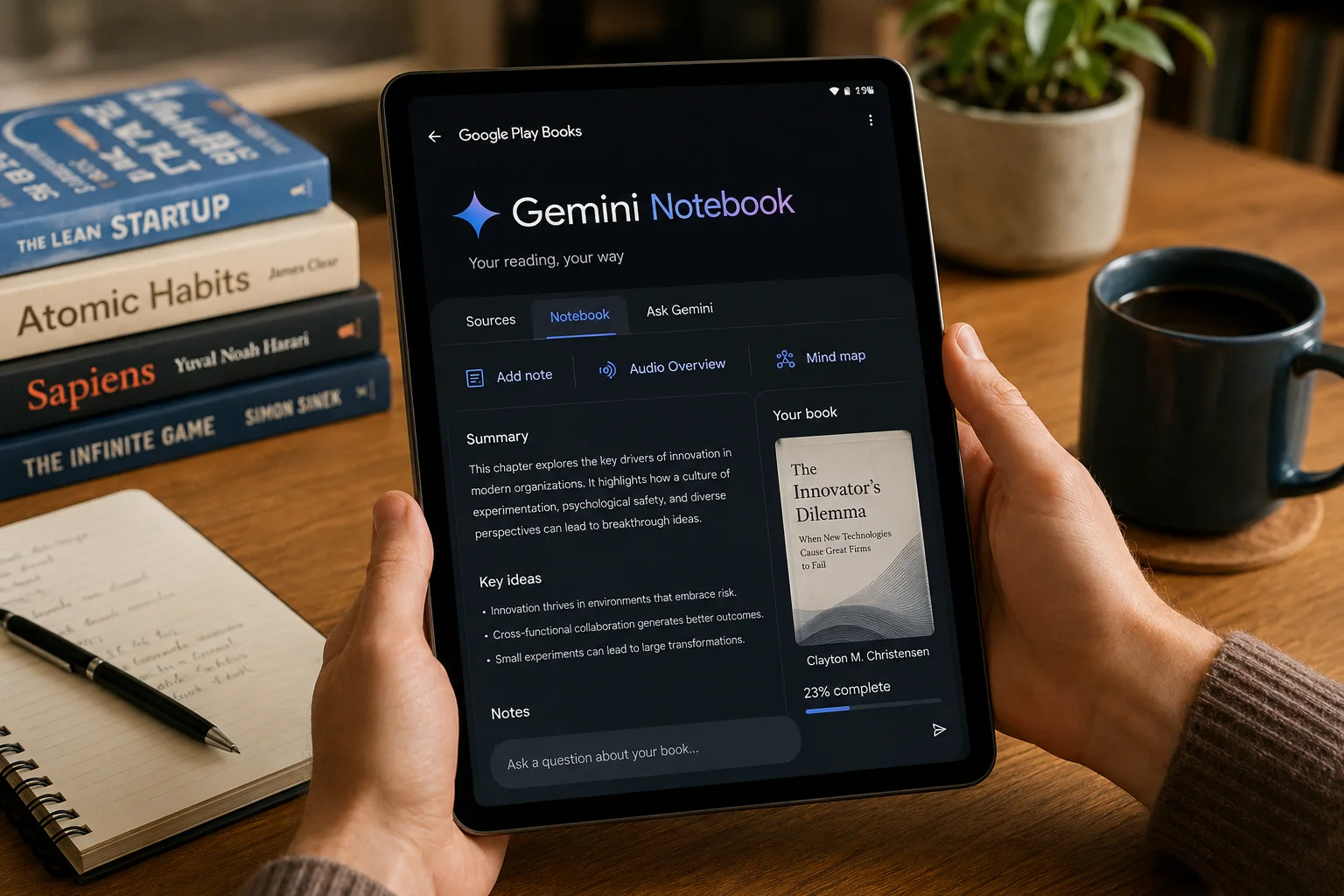 Pessoa segura tablet com o Gemini Notebook aberto sobre mesa com livros, caderno, planta e café