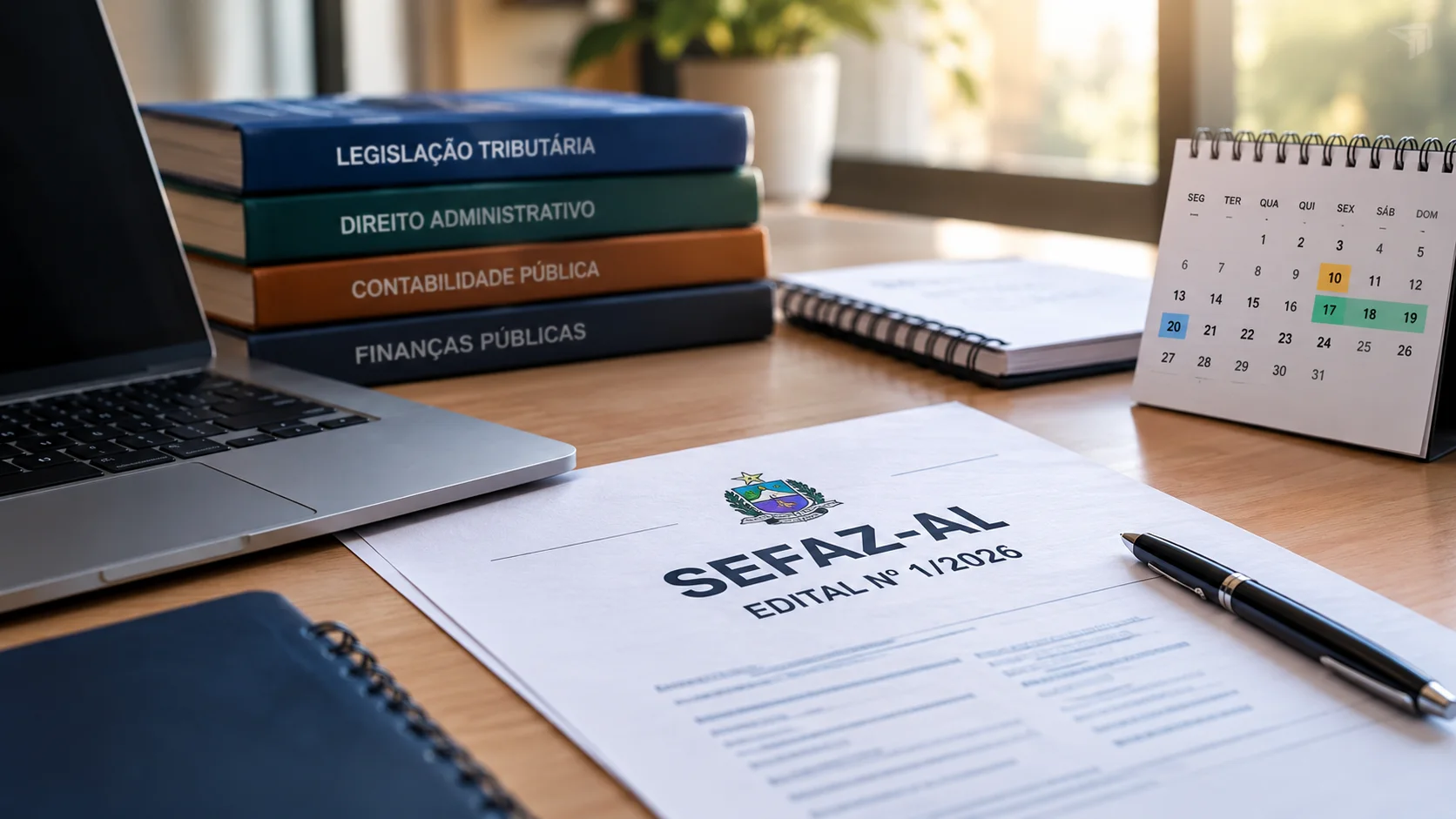Mesa de estudos com edital da Sefaz-AL, notebook, livros de legislação e calendário ao fundo