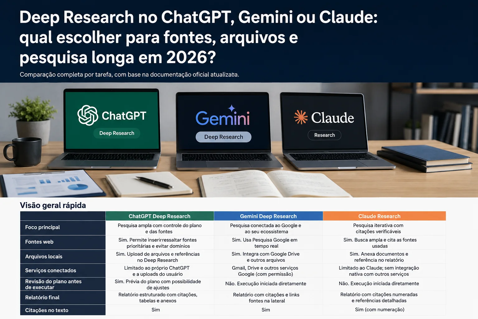 Três notebooks exibem ChatGPT, Gemini e Claude sobre mesa de trabalho, acima de uma tabela comparativa de recursos de pesquisa.