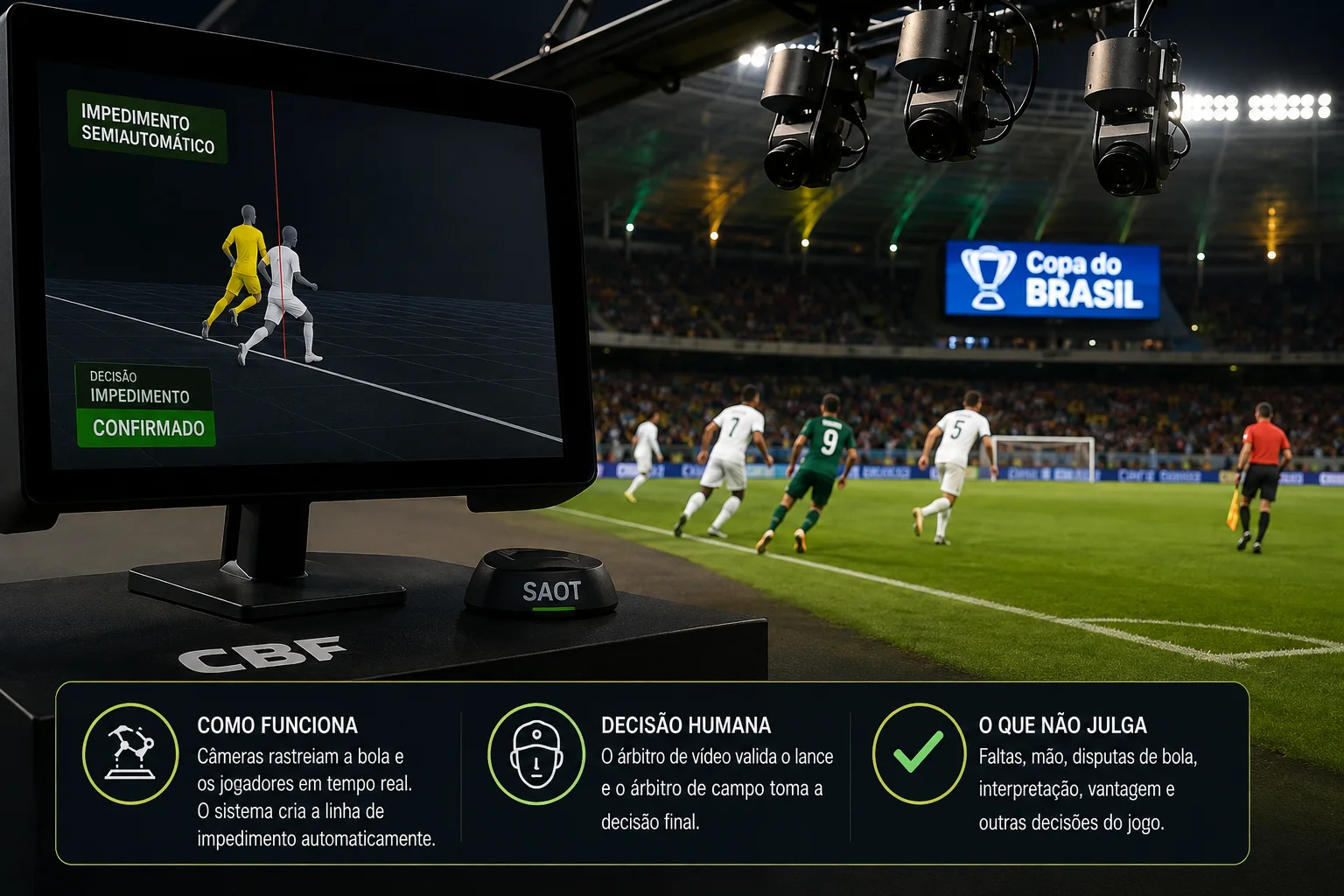 Tela de análise de impedimento ao lado do campo, com câmeras de rastreamento sobre jogadores e árbitro