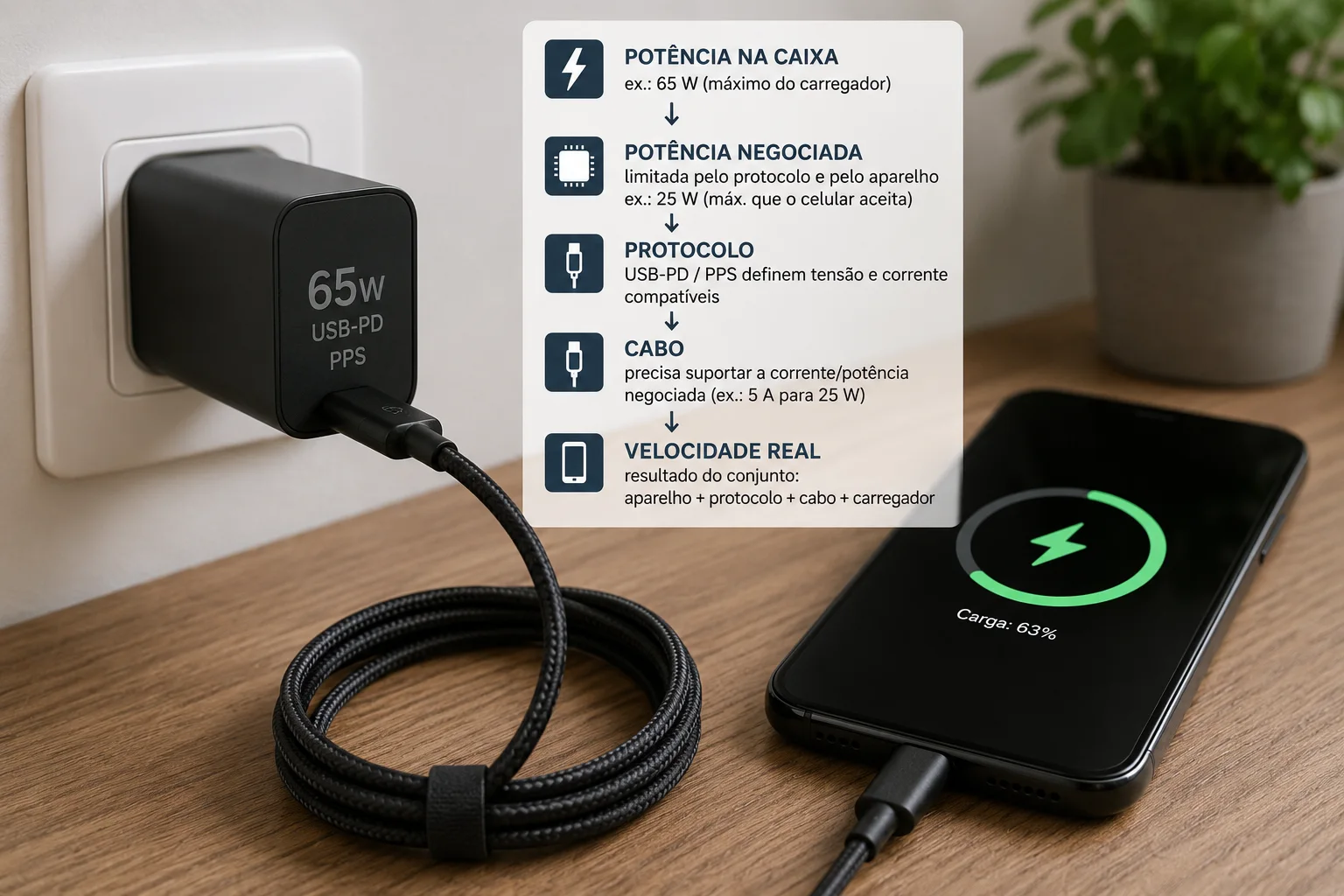 Carregador de 65 W ligado a smartphone por cabo USB-C, com painel explicando potência negociada, protocolo e cabo