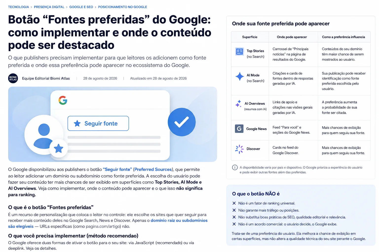 Página editorial sobre Fontes preferidas do Google com botão Seguir fonte, tabela de superfícies e aviso sobre ranking