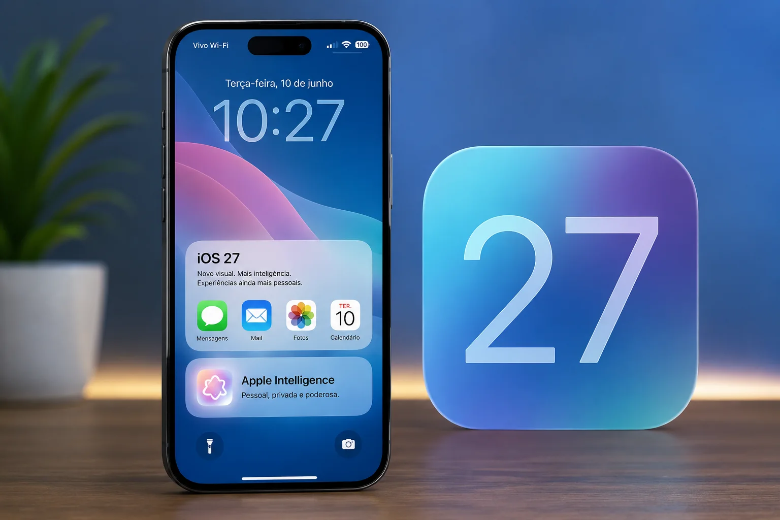 Smartphone em pé sobre mesa com interface azul do iOS 27 e bloco azul com número 27 ao lado