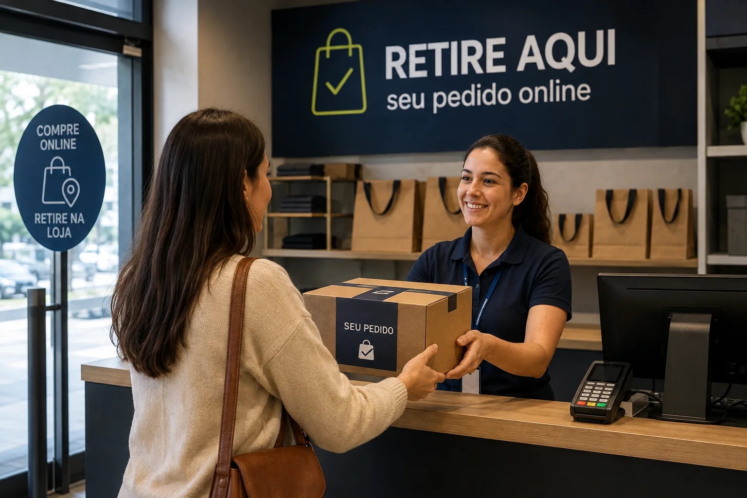 Cliente recebe um pacote de funcionária em balcão de retirada de pedidos online dentro de uma loja