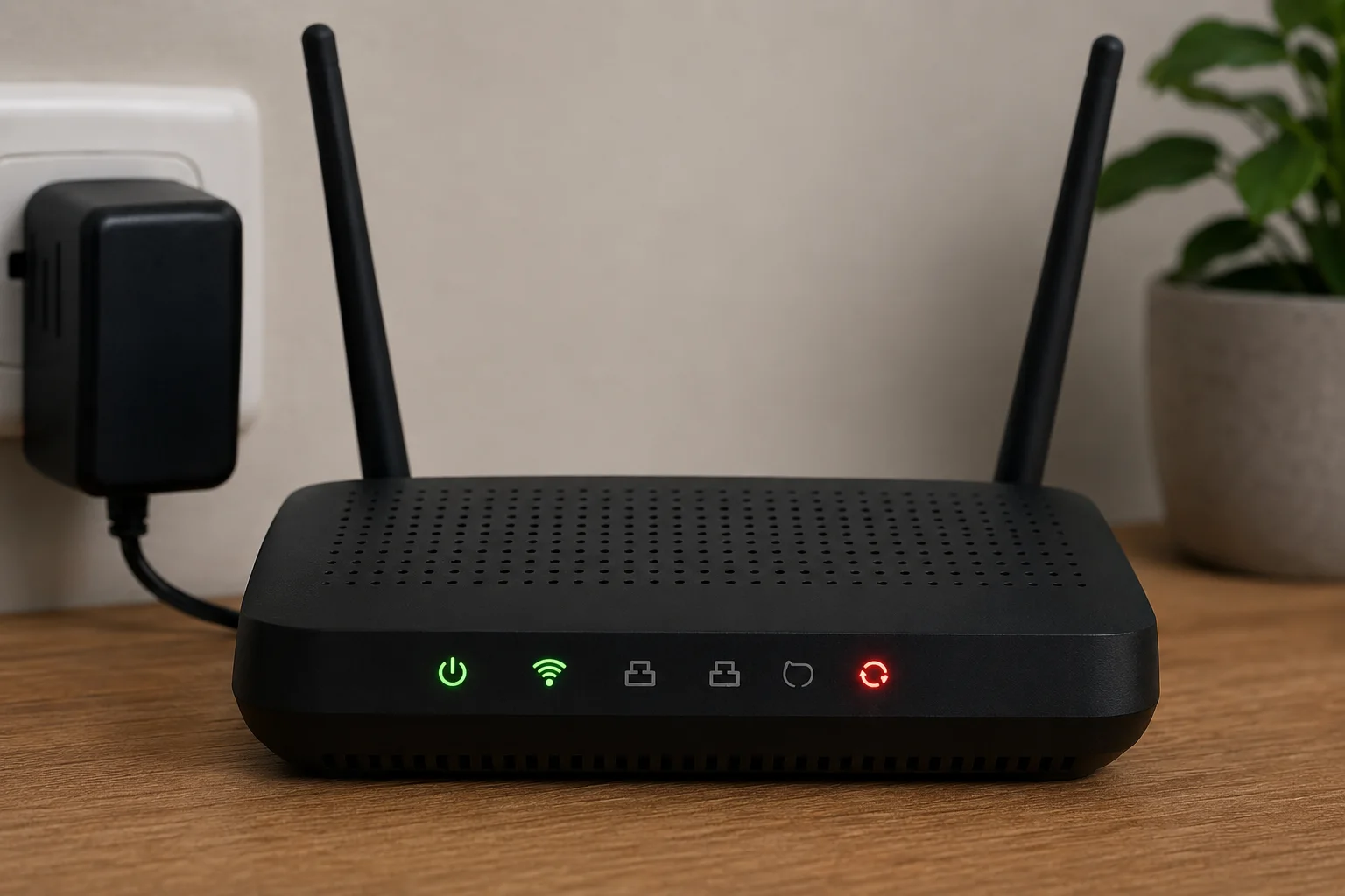Roteador preto com LEDs acesos sobre mesa, ligado a uma fonte de energia na tomada