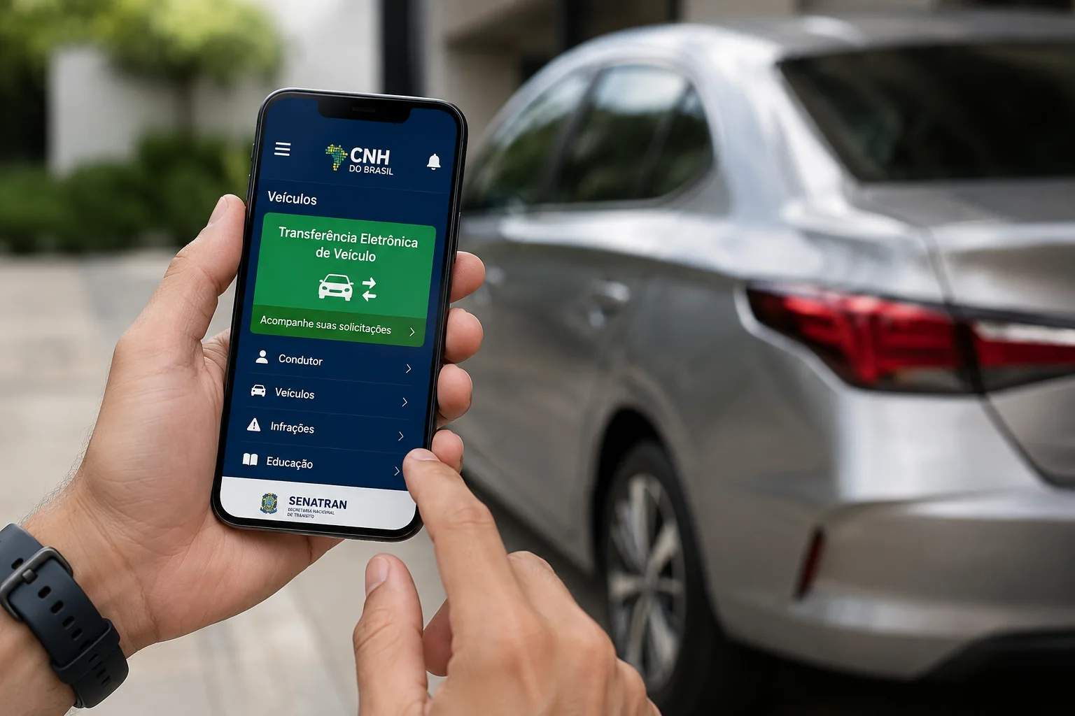 Mãos seguram celular com tela de transferência eletrônica de veículo diante de um carro cinza