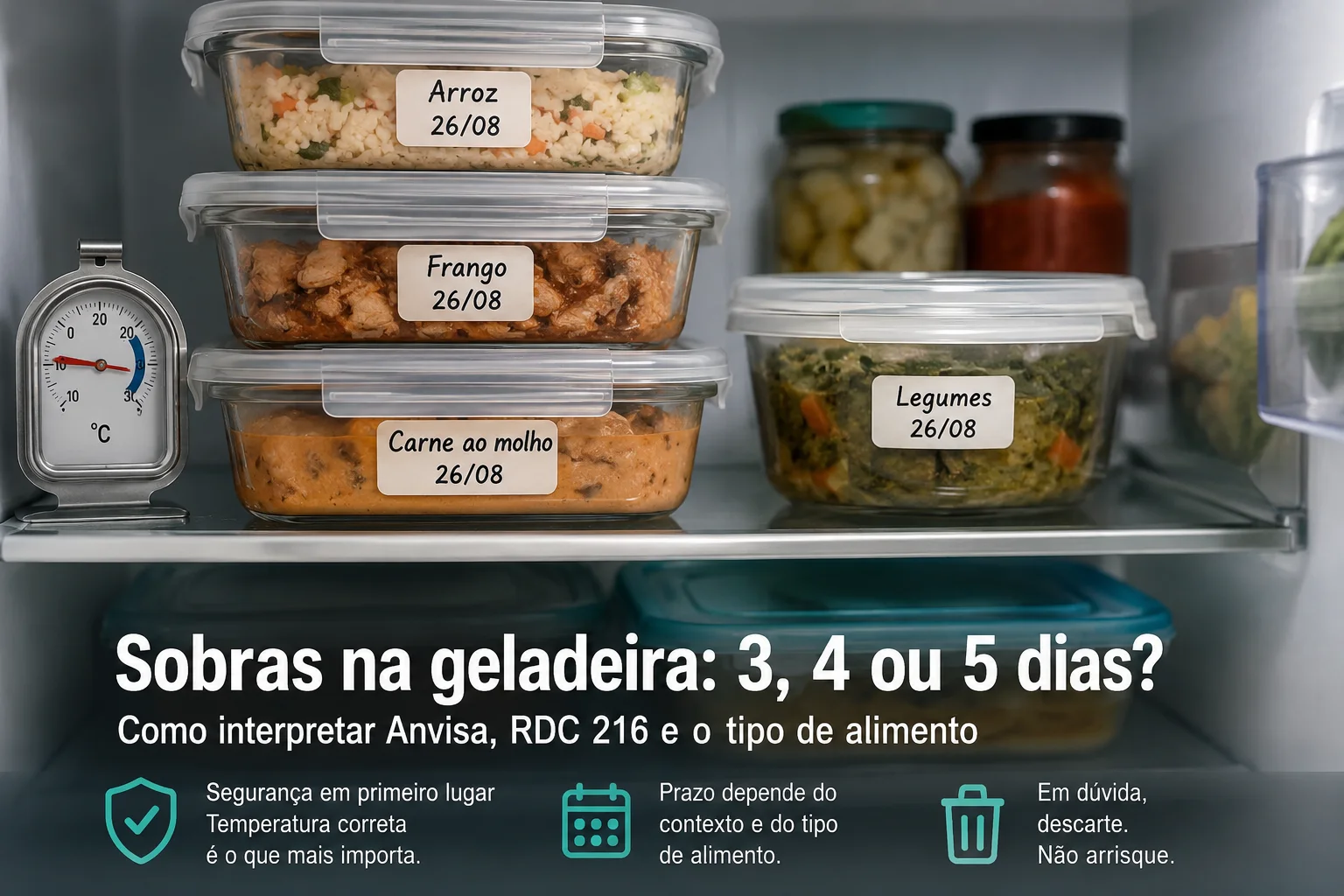 Geladeira com potes etiquetados de arroz, frango, carne ao molho e legumes, ao lado de um termômetro