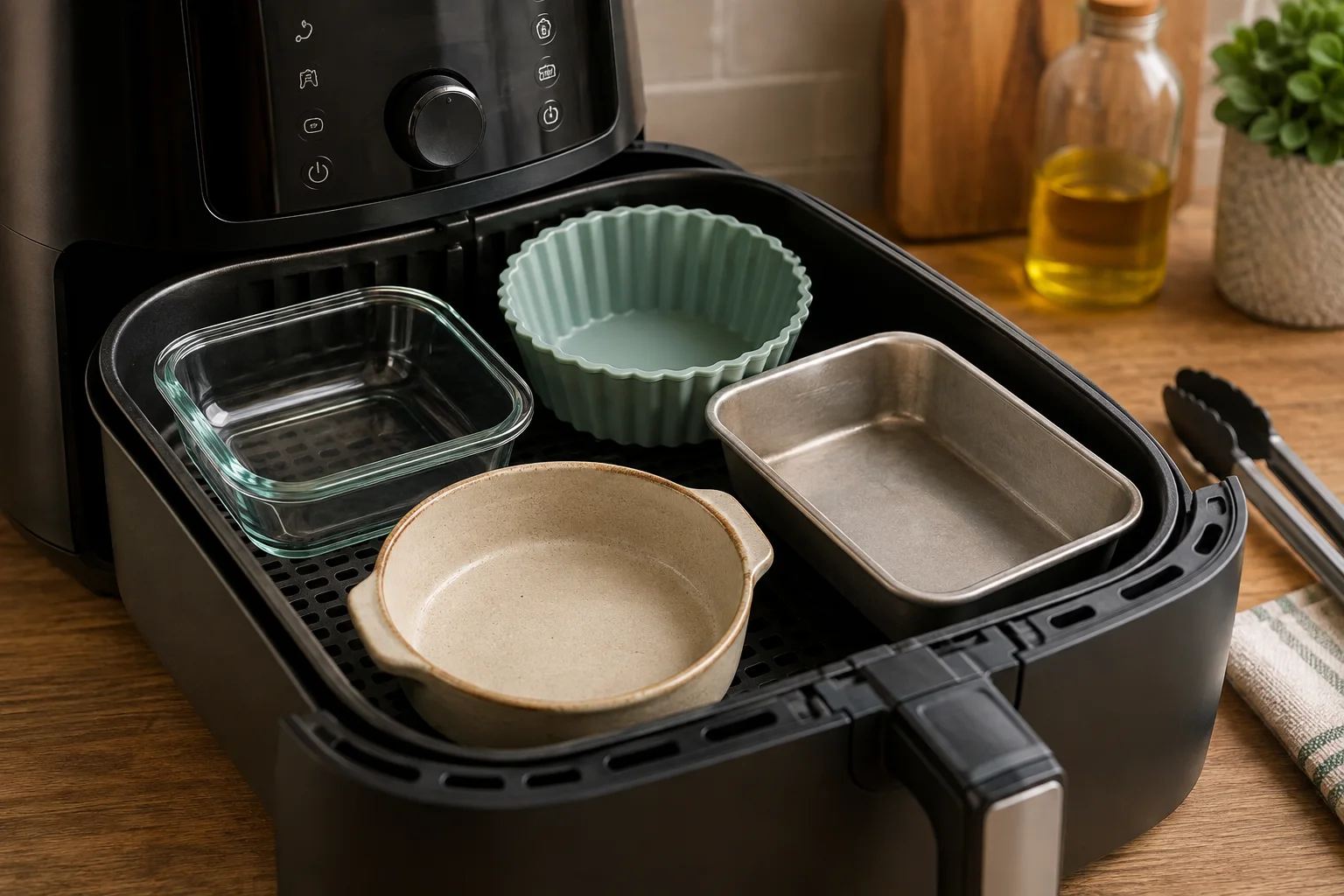 Air fryer aberta com formas de vidro, silicone, metal e cerâmica acomodadas na cesta