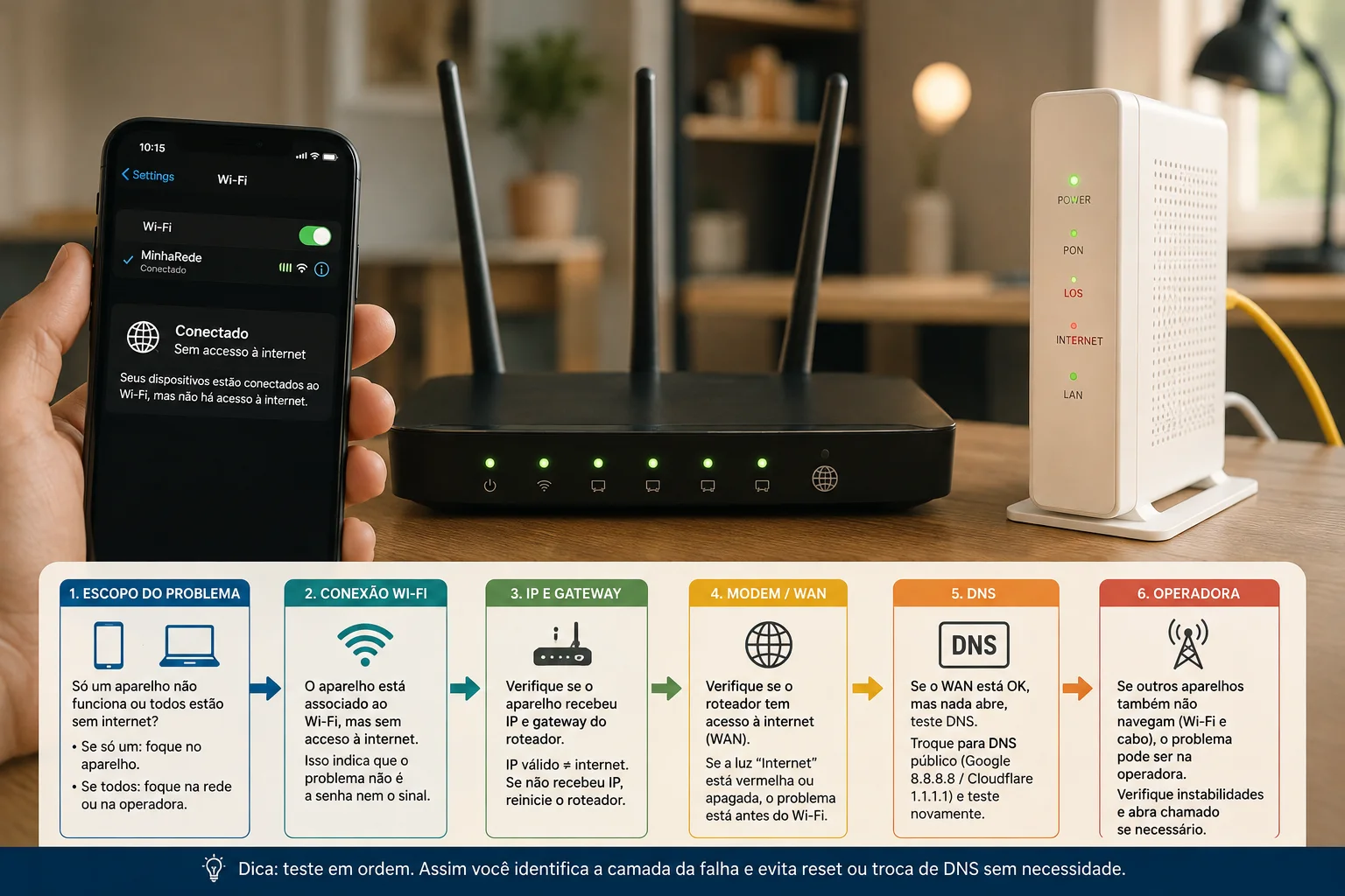 Celular mostrando Wi-Fi sem internet ao lado de roteador e modem, com fluxo visual de diagnóstico da conexão