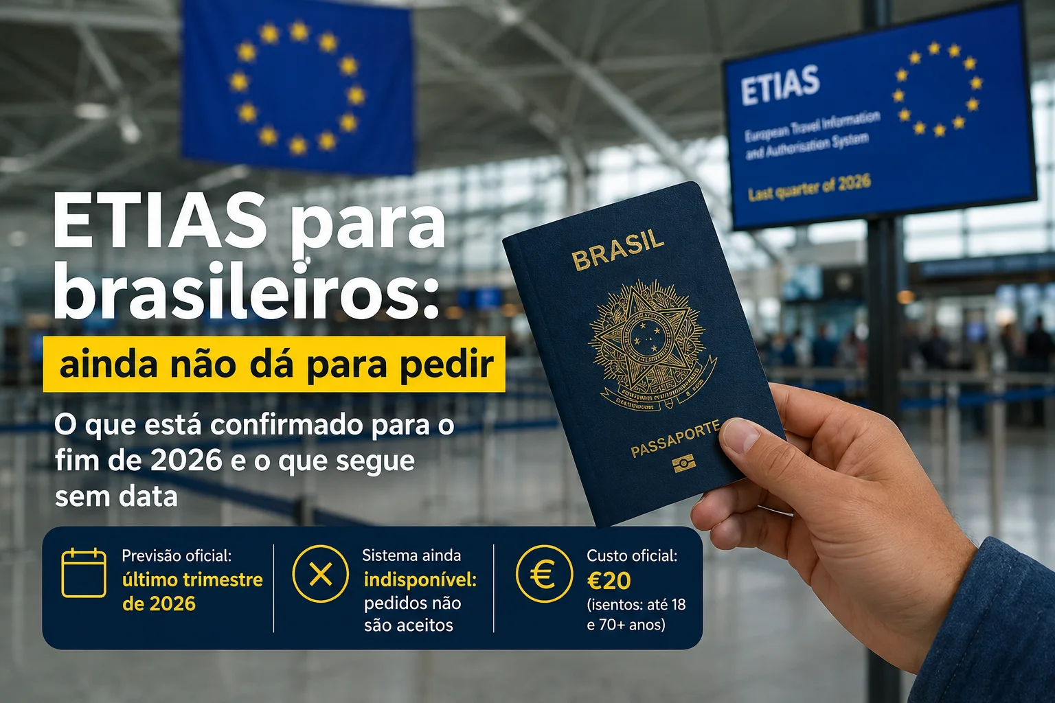 Passaporte brasileiro em primeiro plano em um aeroporto, com painel sobre o ETIAS e previsão para o fim de 2026