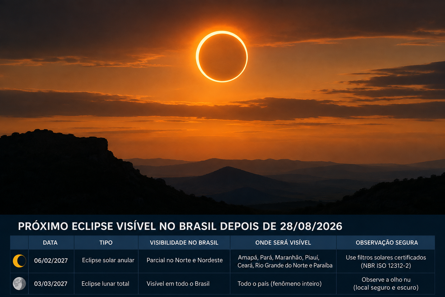 Eclipse em anel sobre montanhas ao pôr do sol, com quadro inferior sobre eclipses visíveis no Brasil
