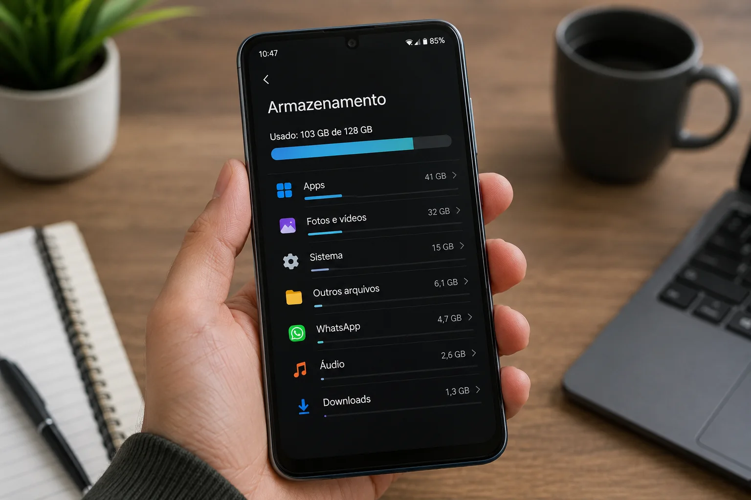 Mão segura celular mostrando categorias de armazenamento, como apps, fotos, sistema, WhatsApp e downloads