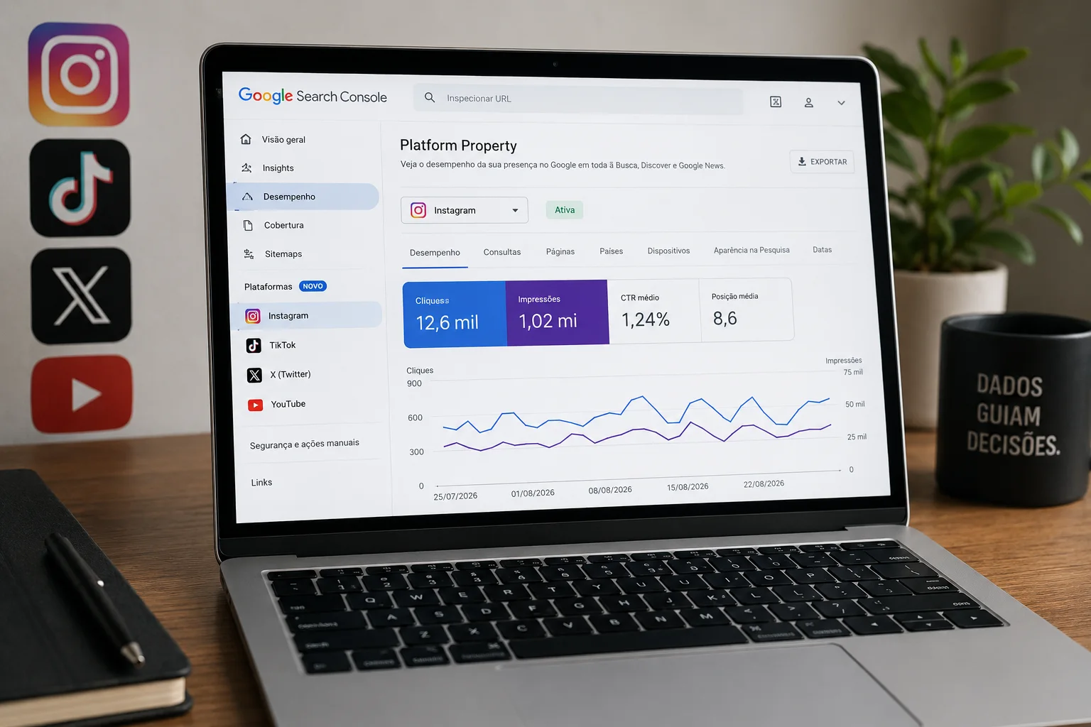 Notebook aberto no Google Search Console com ícones de Instagram, TikTok, X e YouTube ao lado
