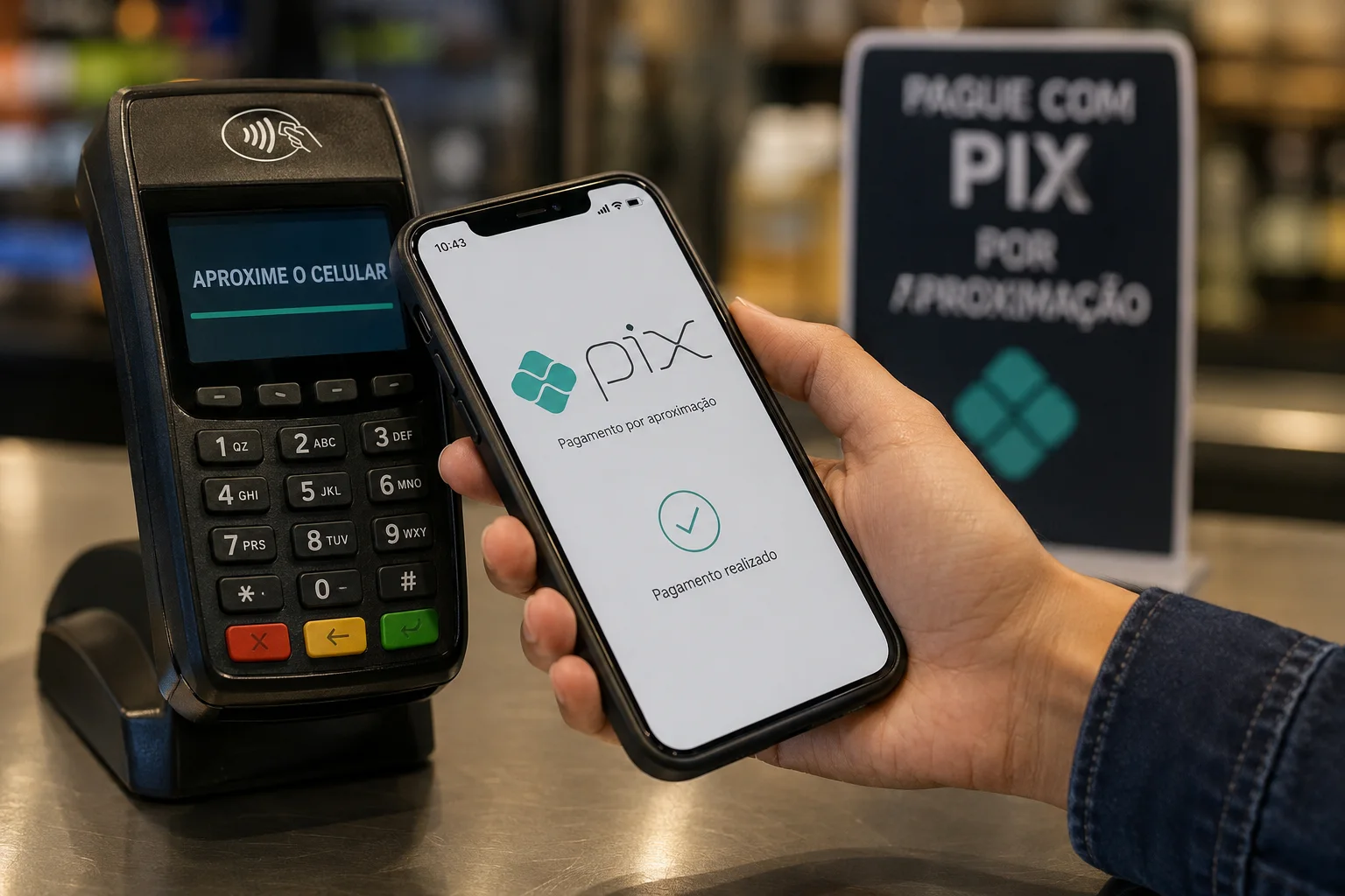 Pessoa aproxima smartphone de uma maquininha para pagar com Pix por aproximação em um comércio