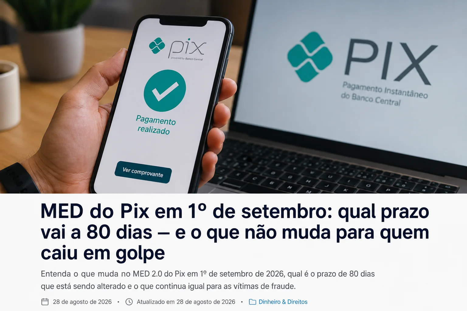Mão segura celular com confirmação de pagamento Pix diante de notebook, em composição sobre mudanças do MED