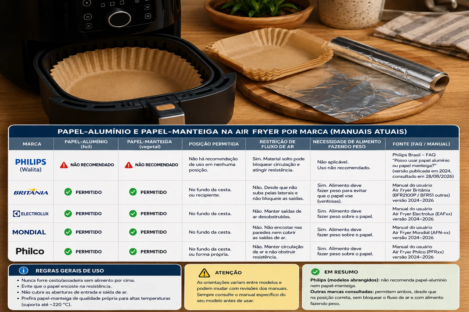 Air fryer aberta com papel-manteiga no cesto, papel-alumínio ao lado e tabela comparativa de orientações por marca
