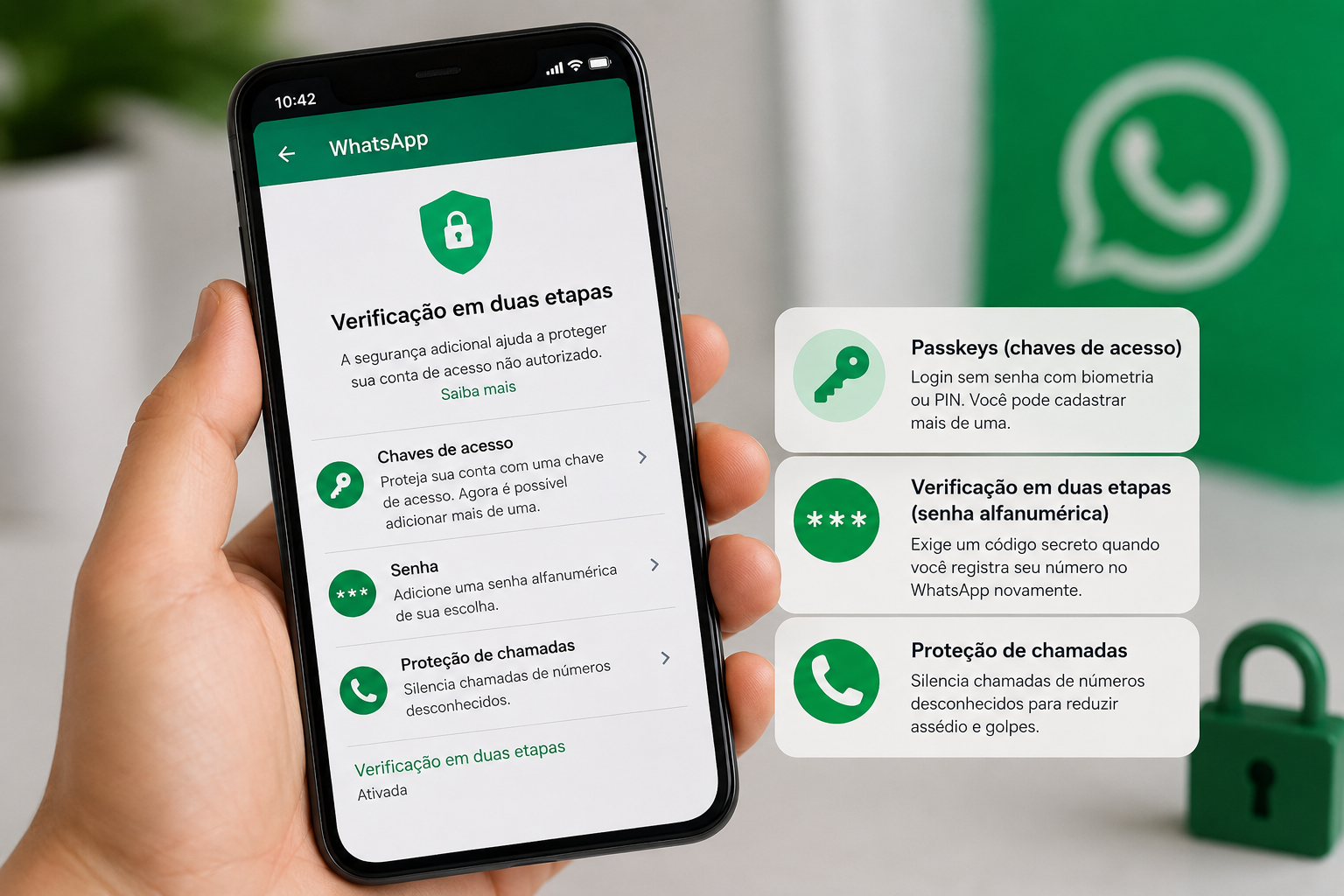 Celular exibindo opções de segurança do WhatsApp, com chaves de acesso, verificação em duas etapas e proteção de chamadas