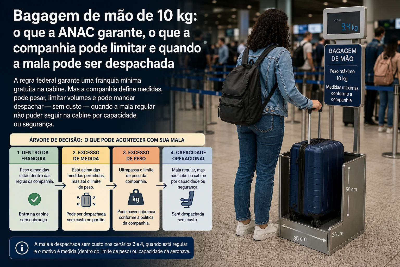 Passageira mede uma mala de rodinhas em gabarito de bagagem de mão com balança em um aeroporto
