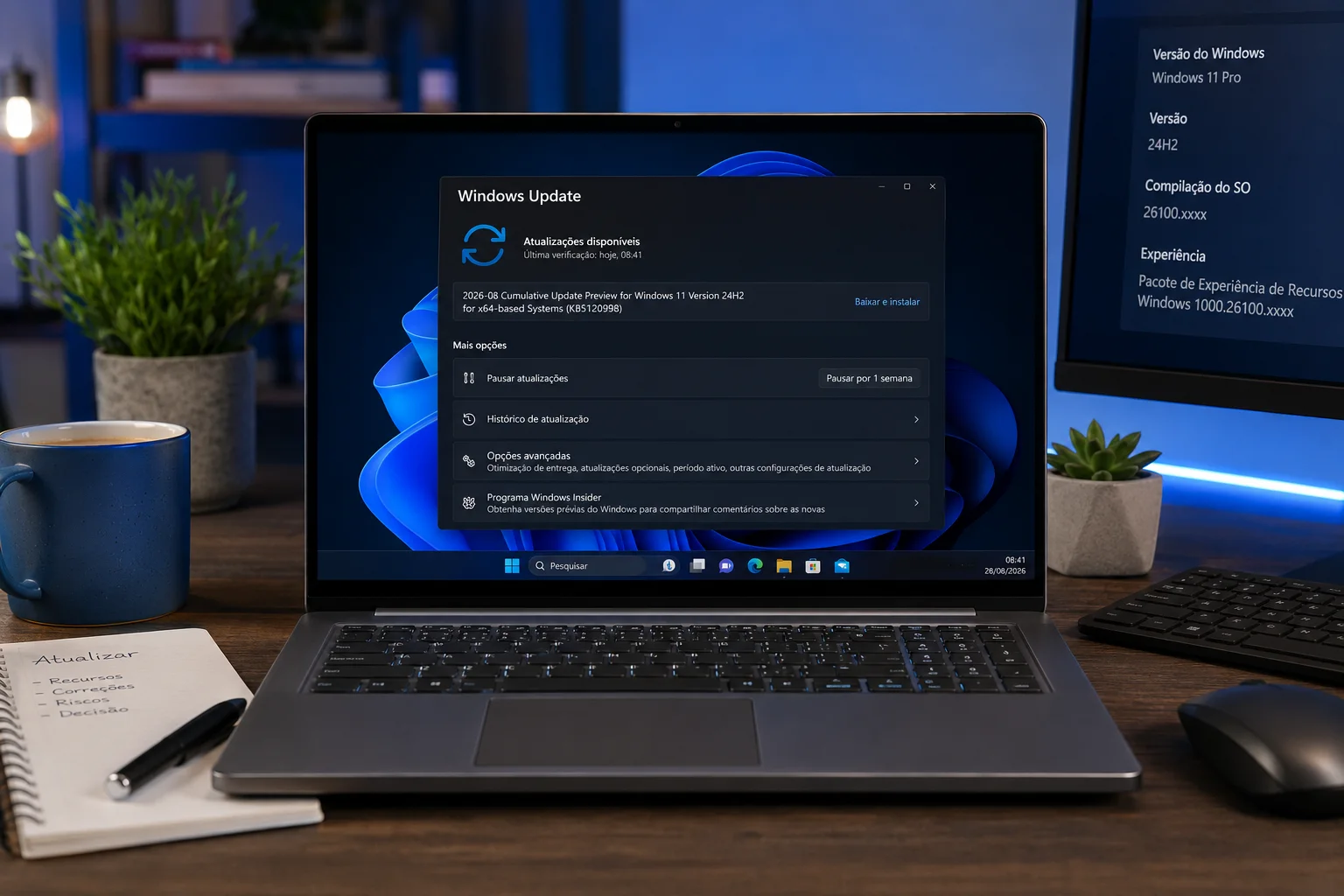 Laptop com o Windows Update aberto na atualização KB5120998, ao lado de monitor e acessórios de escritório