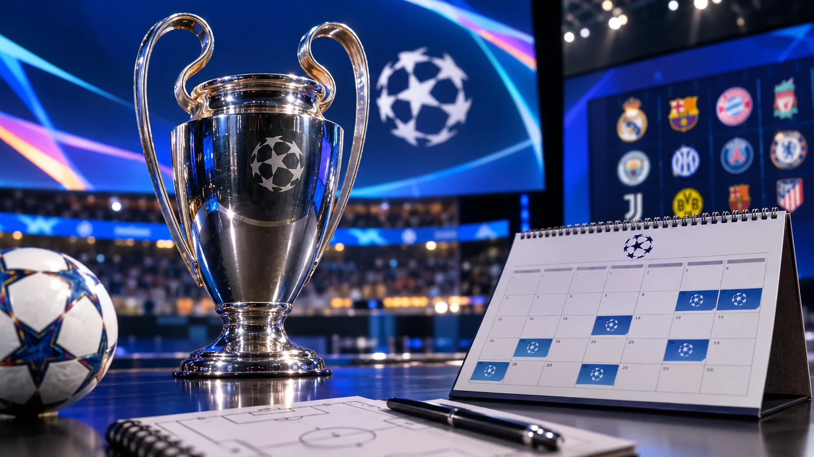 Troféu da Champions ao lado de bola, calendário de jogos e quadro com escudos em ambiente de estádio