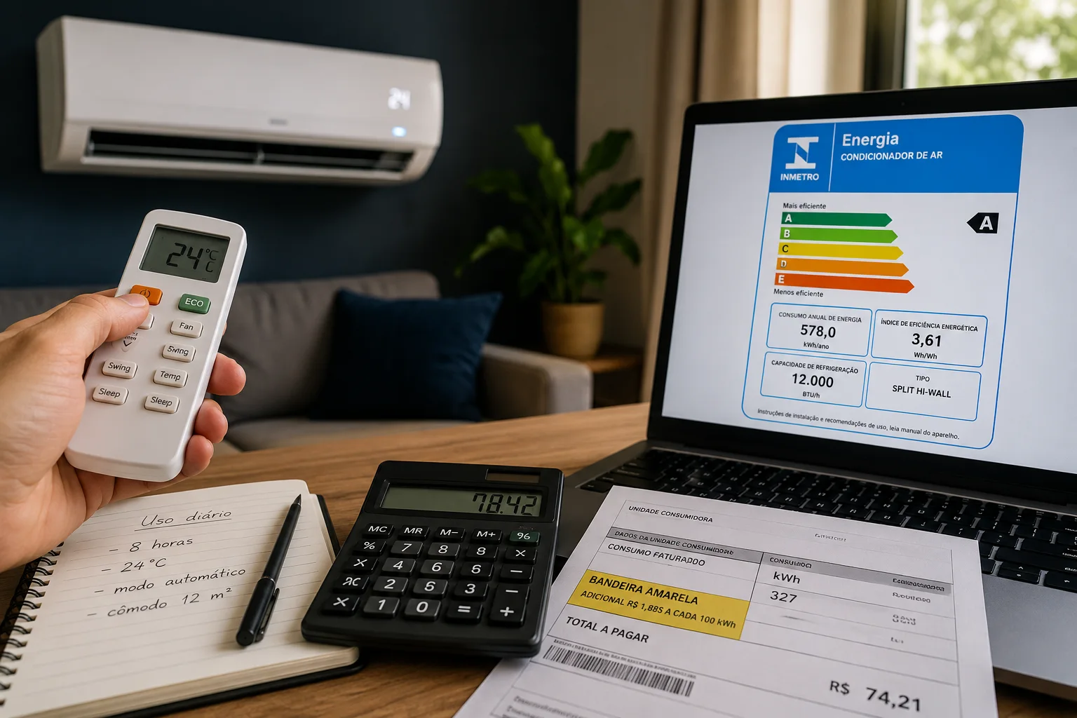 Mão com controle de ar-condicionado ao lado de notebook com etiqueta de eficiência, calculadora e conta de energia